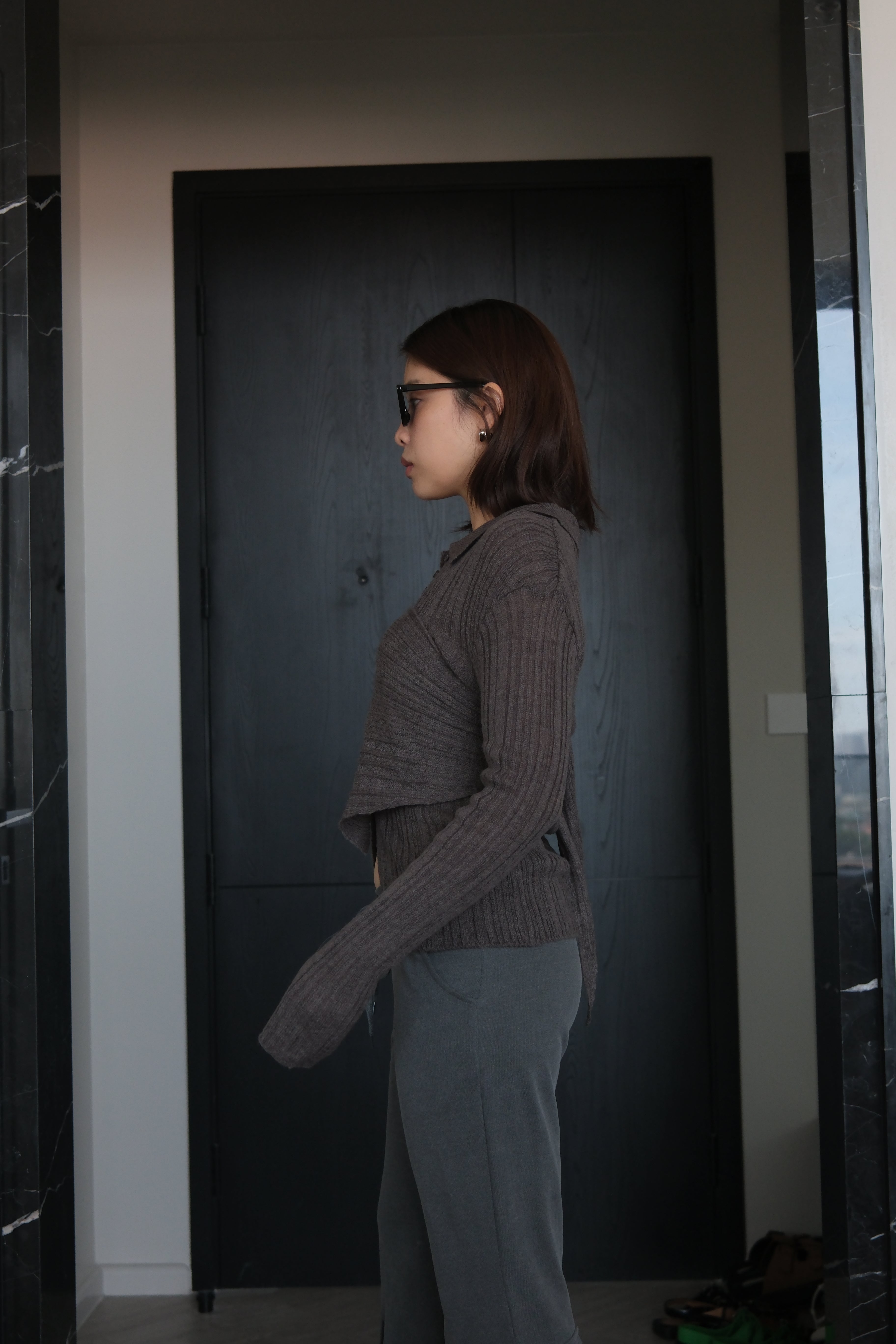Fluffy cardigan with triangle scarf set