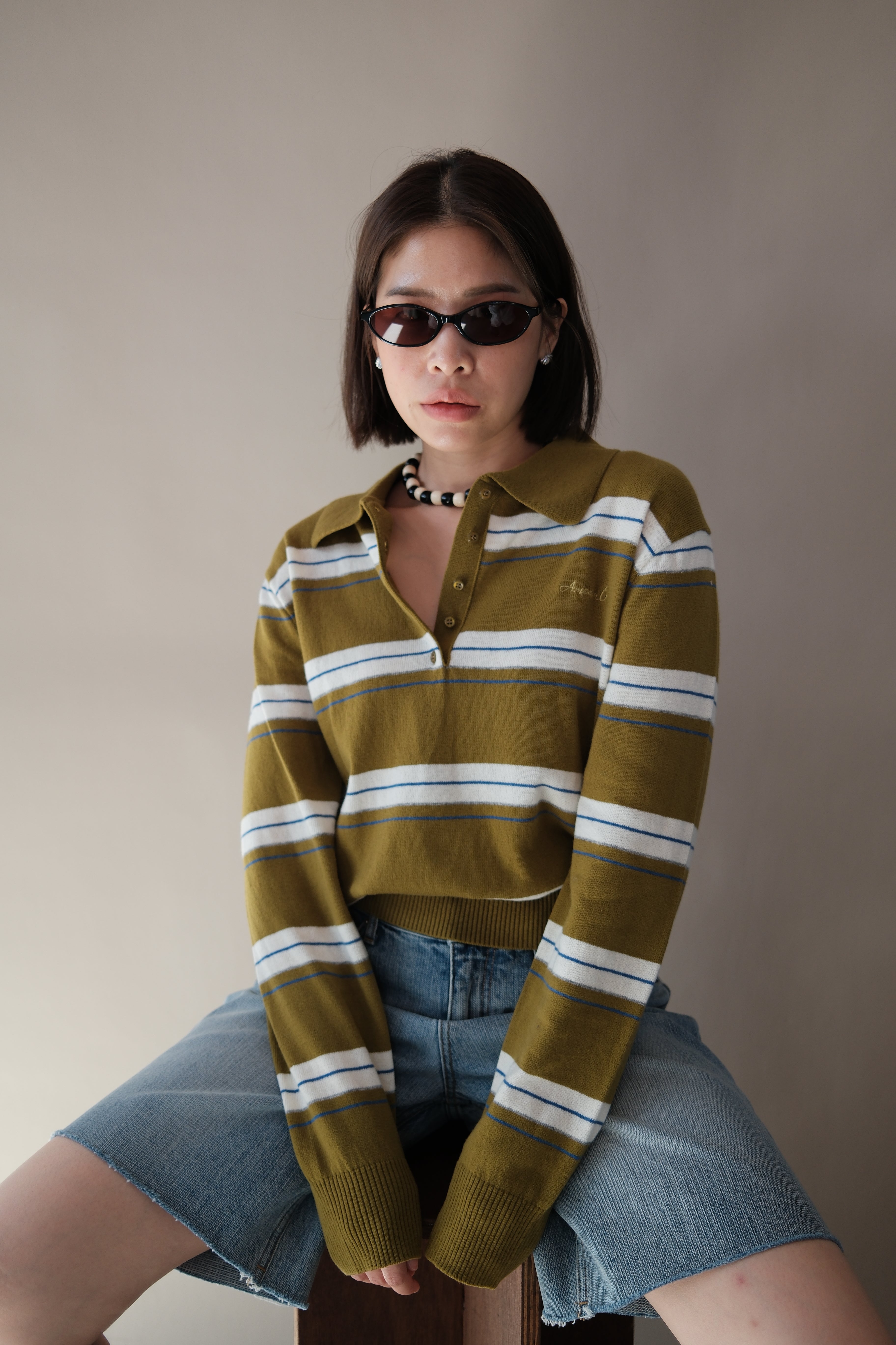 Miu stripe polo crop sweatshirt