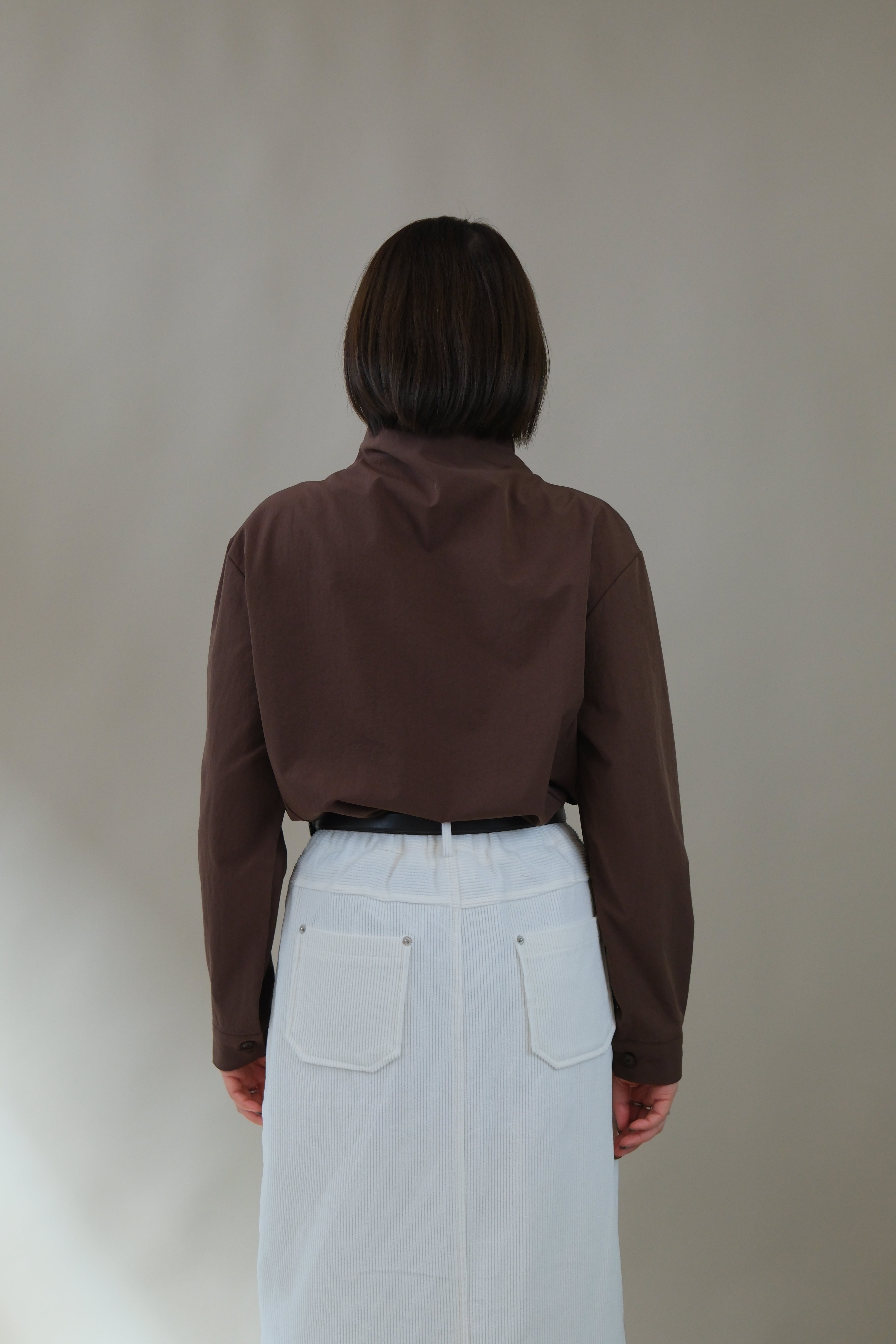 Funnel neck asym button blouse