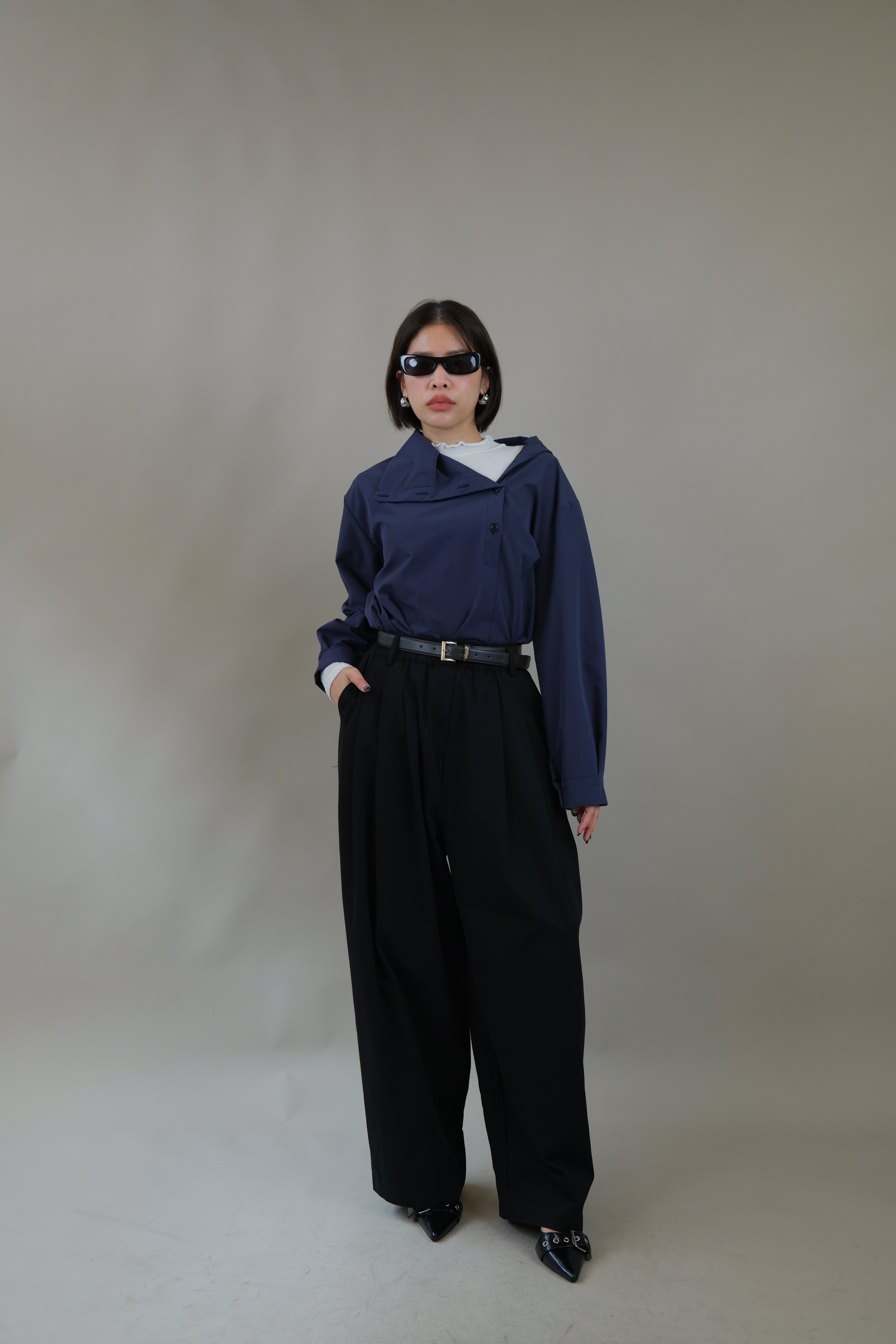 Funnel neck asym button blouse