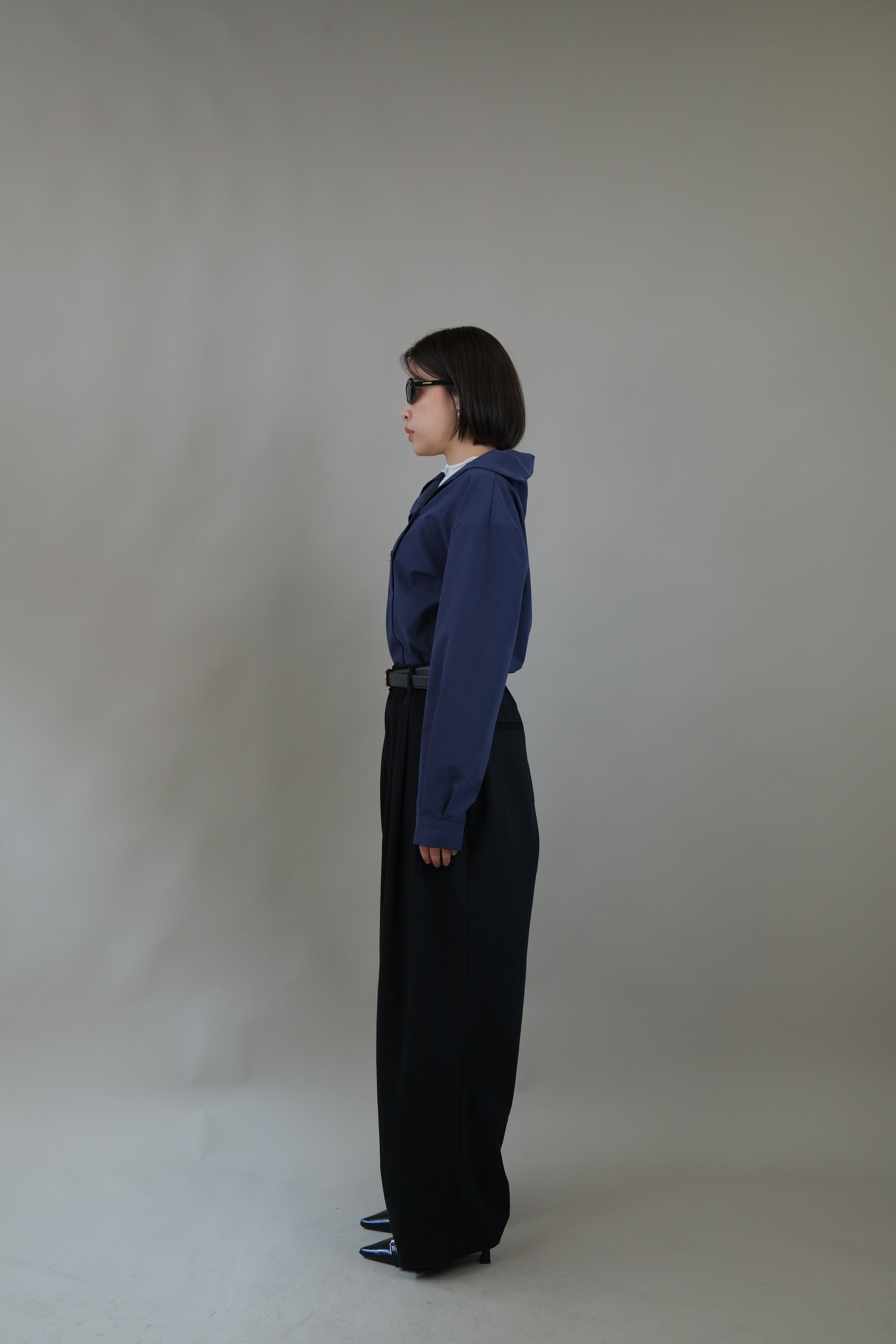 Funnel neck asym button blouse