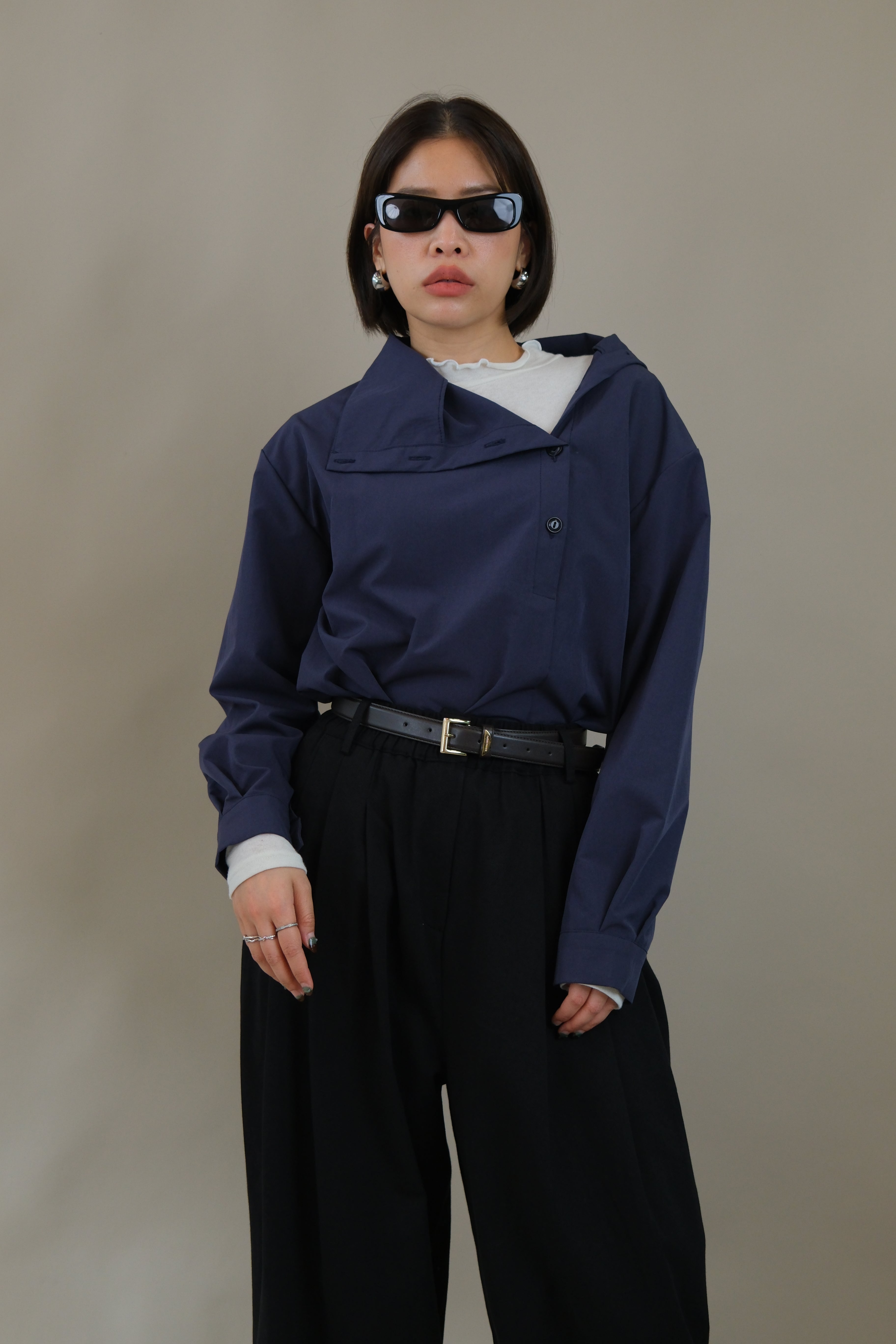 Funnel neck asym button blouse