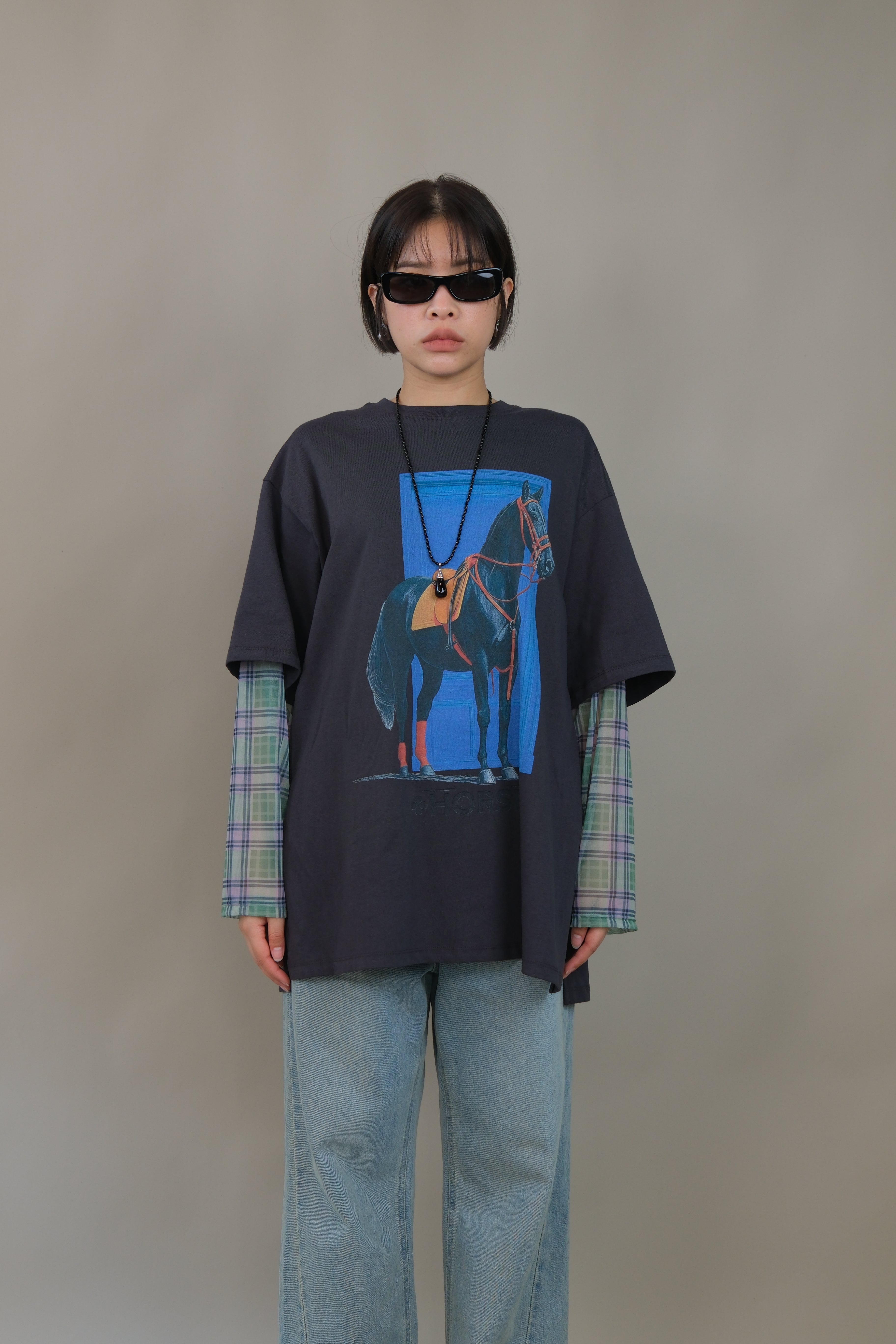 Horse print double sleeve boxy tee