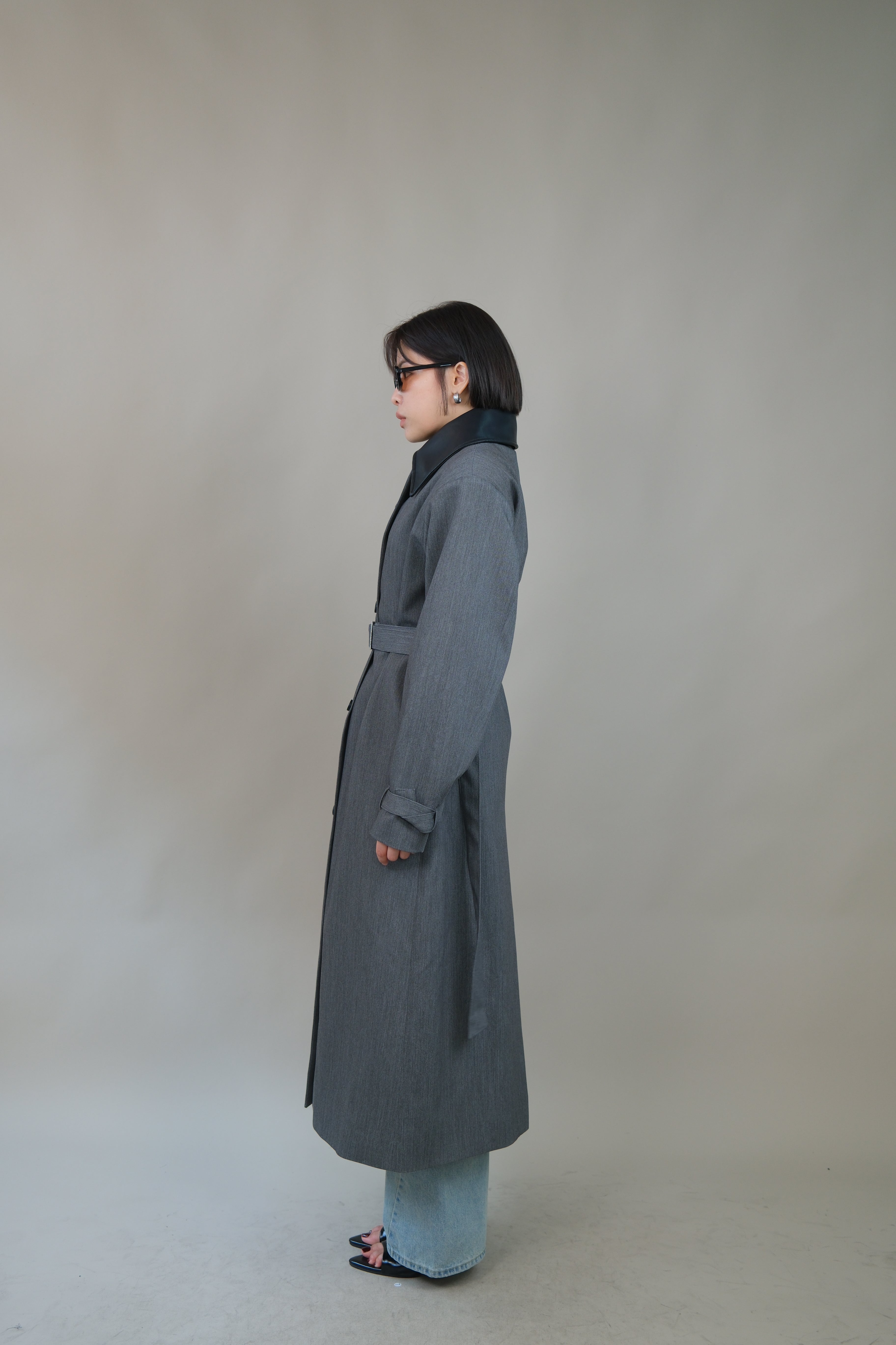 Kate Leather collar Sculpt Belted Long Coat