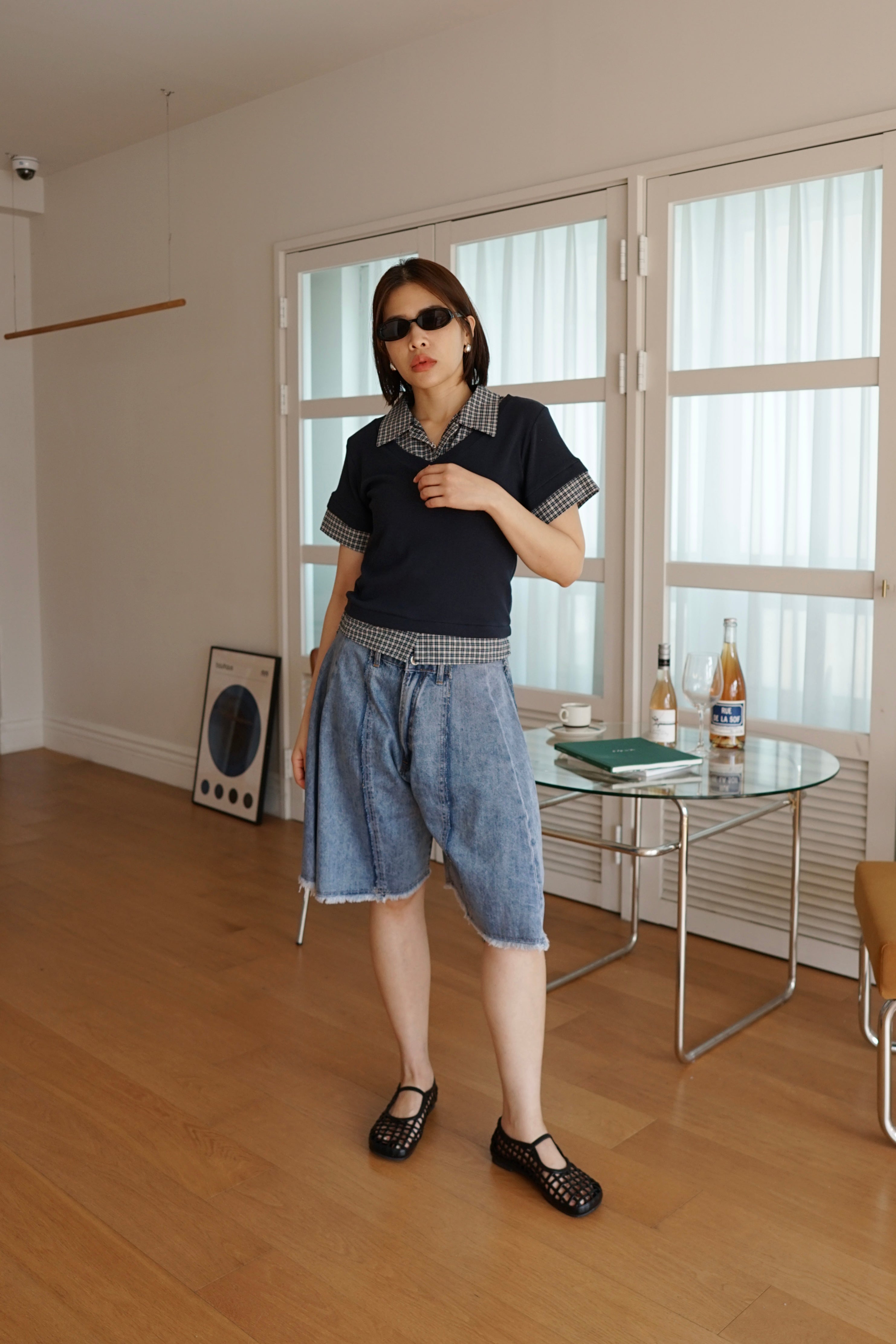 patchwork wide leg denim shorts