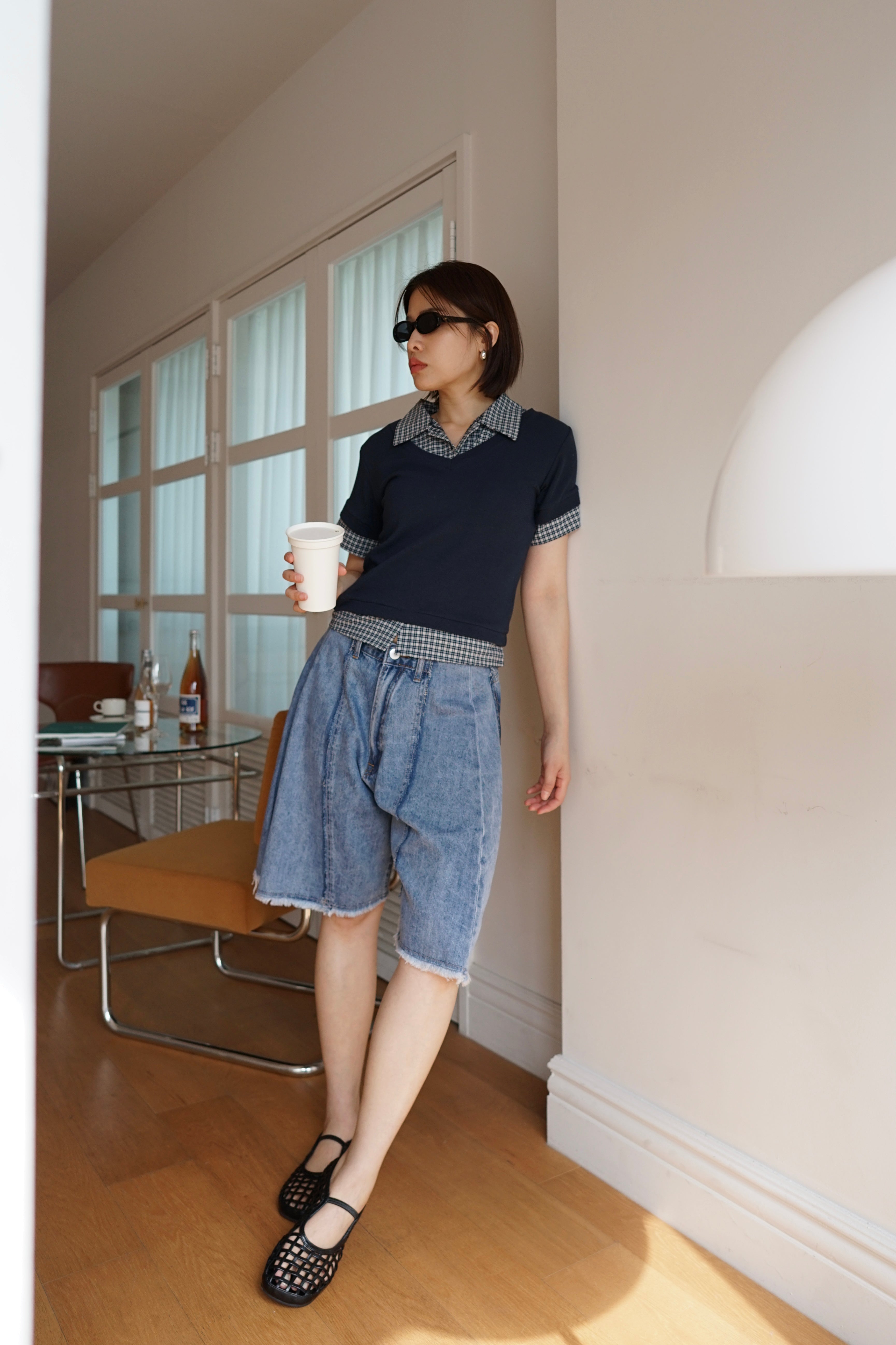 nyunyu double-layer v neck tee