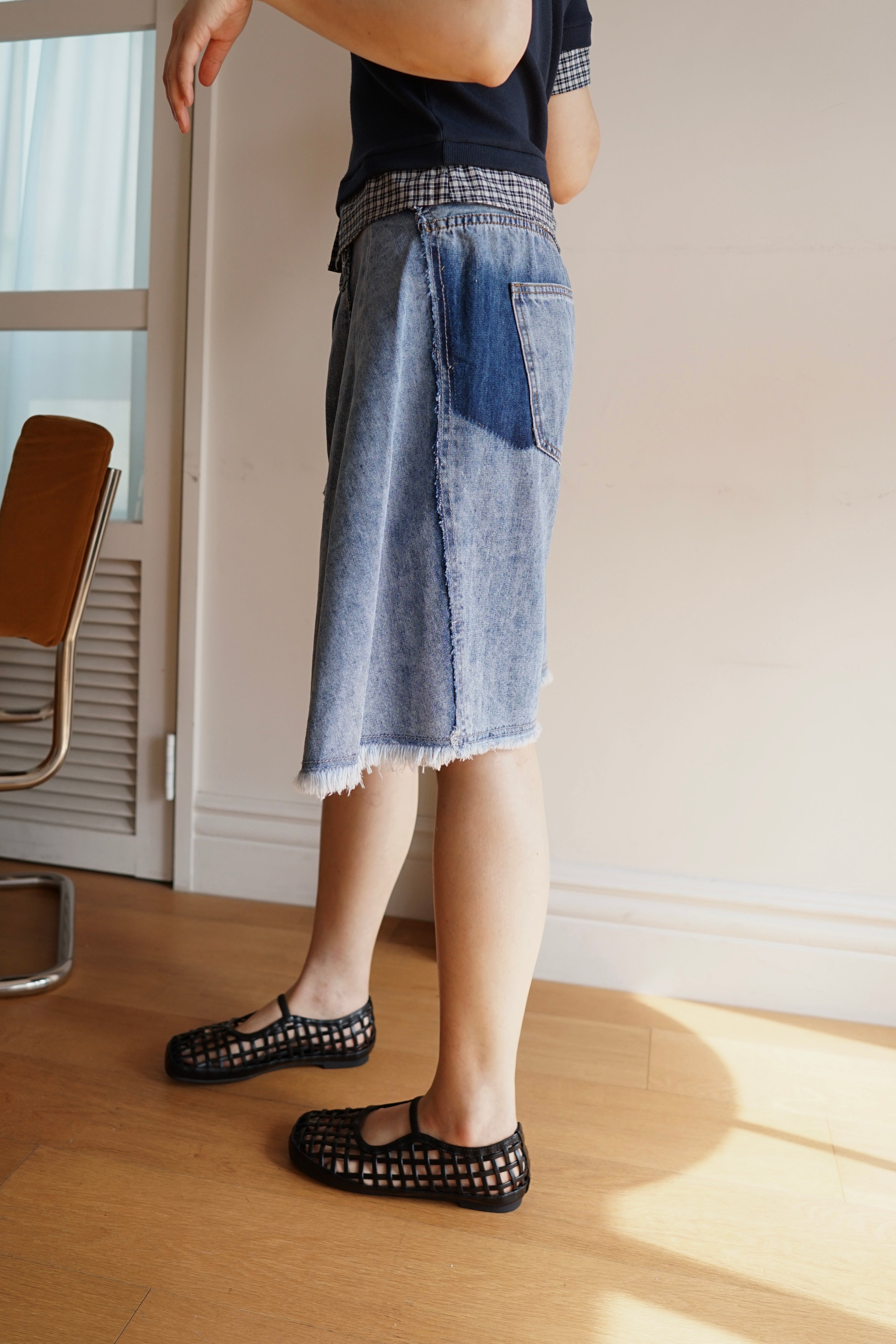 patchwork wide leg denim shorts