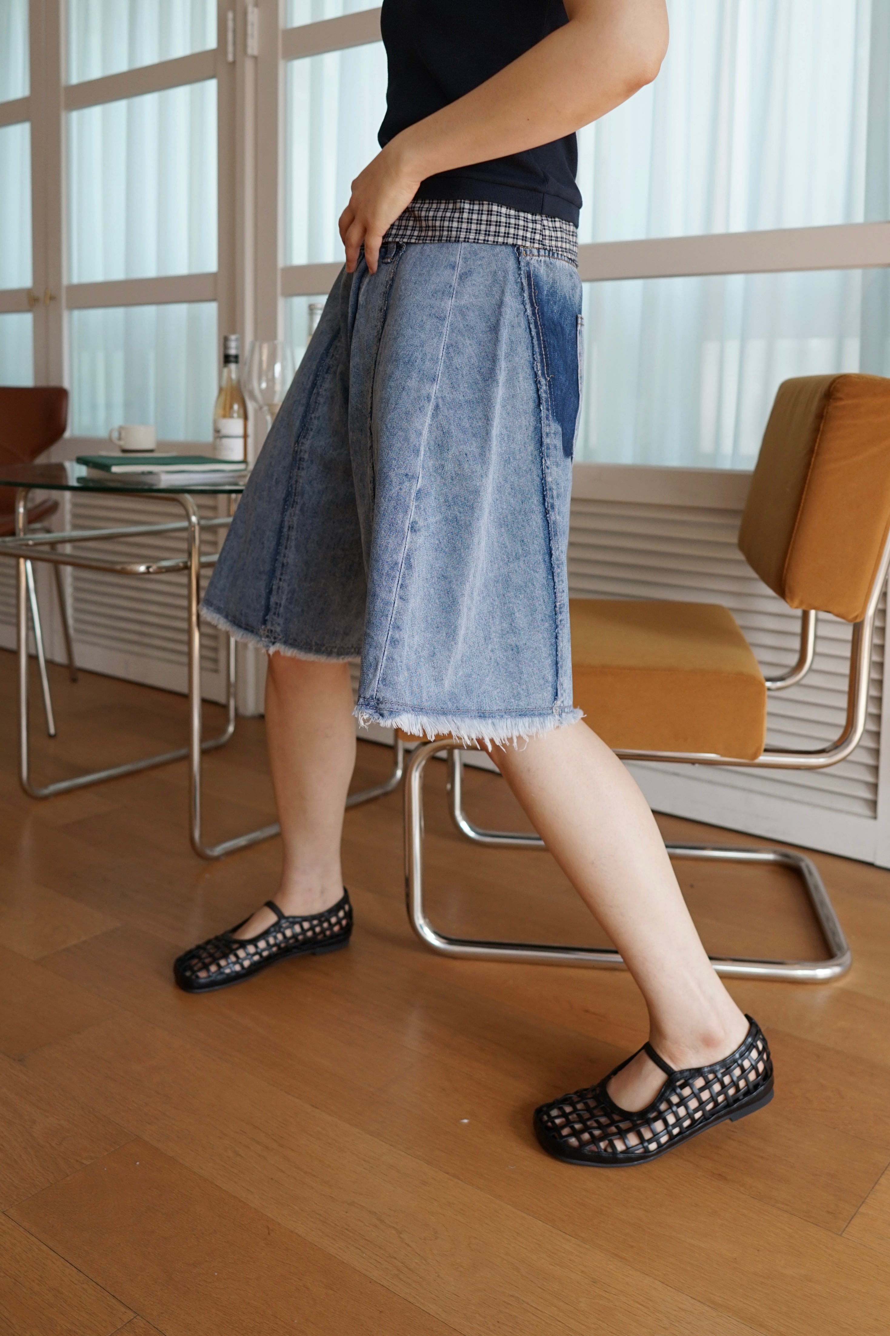 patchwork wide leg denim shorts