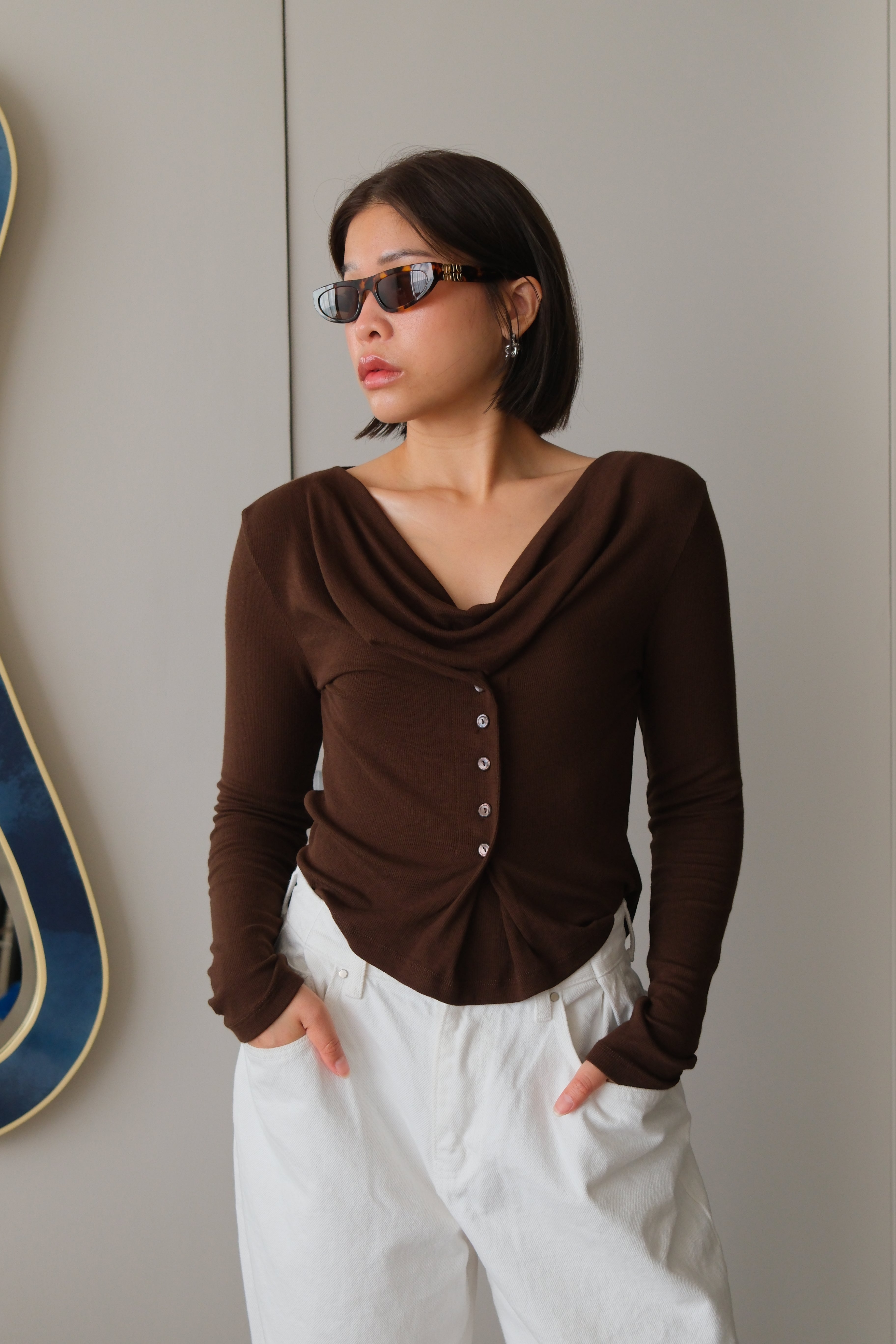Hyerin cowl neck button slim tee