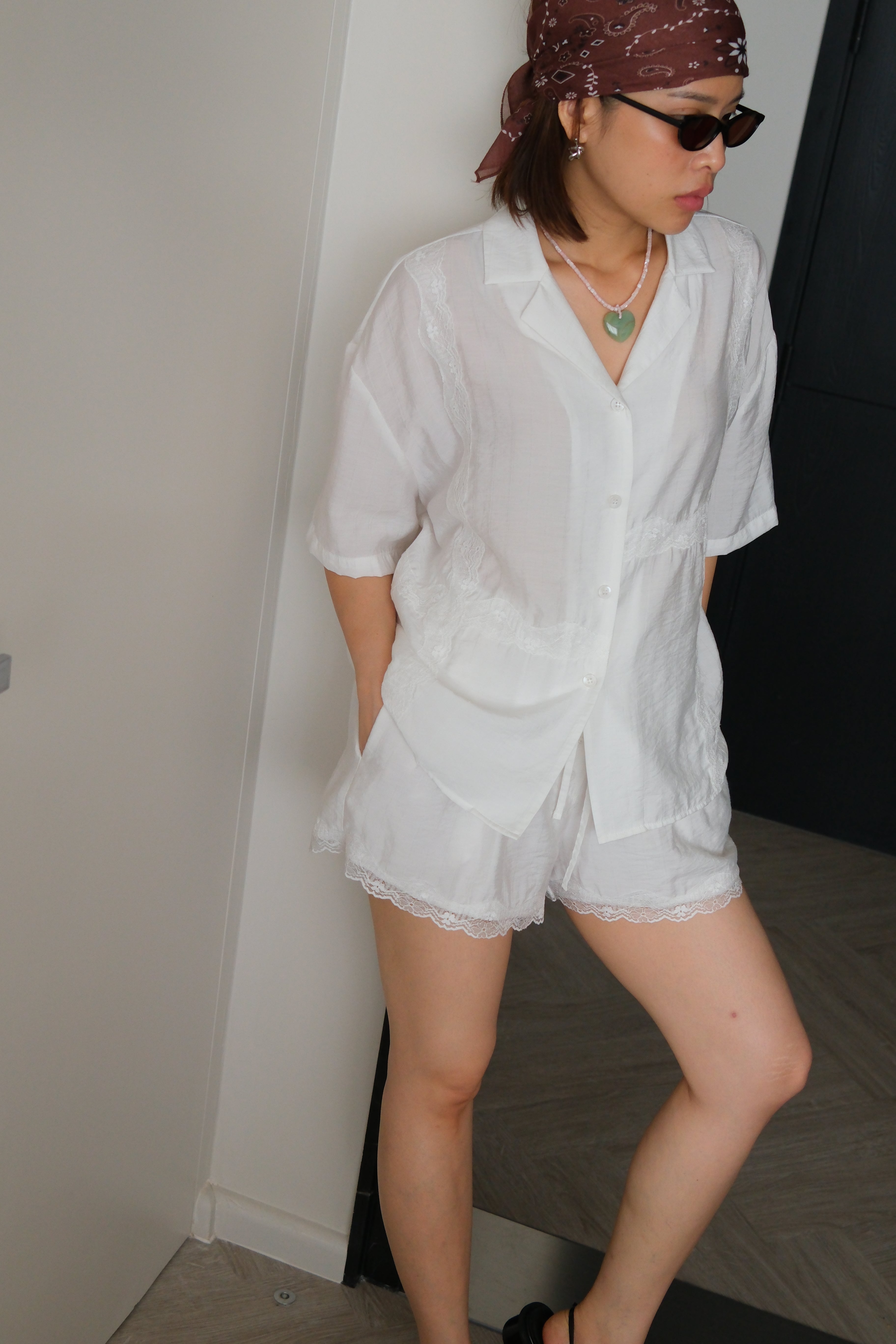 Lace satin open collar shirt