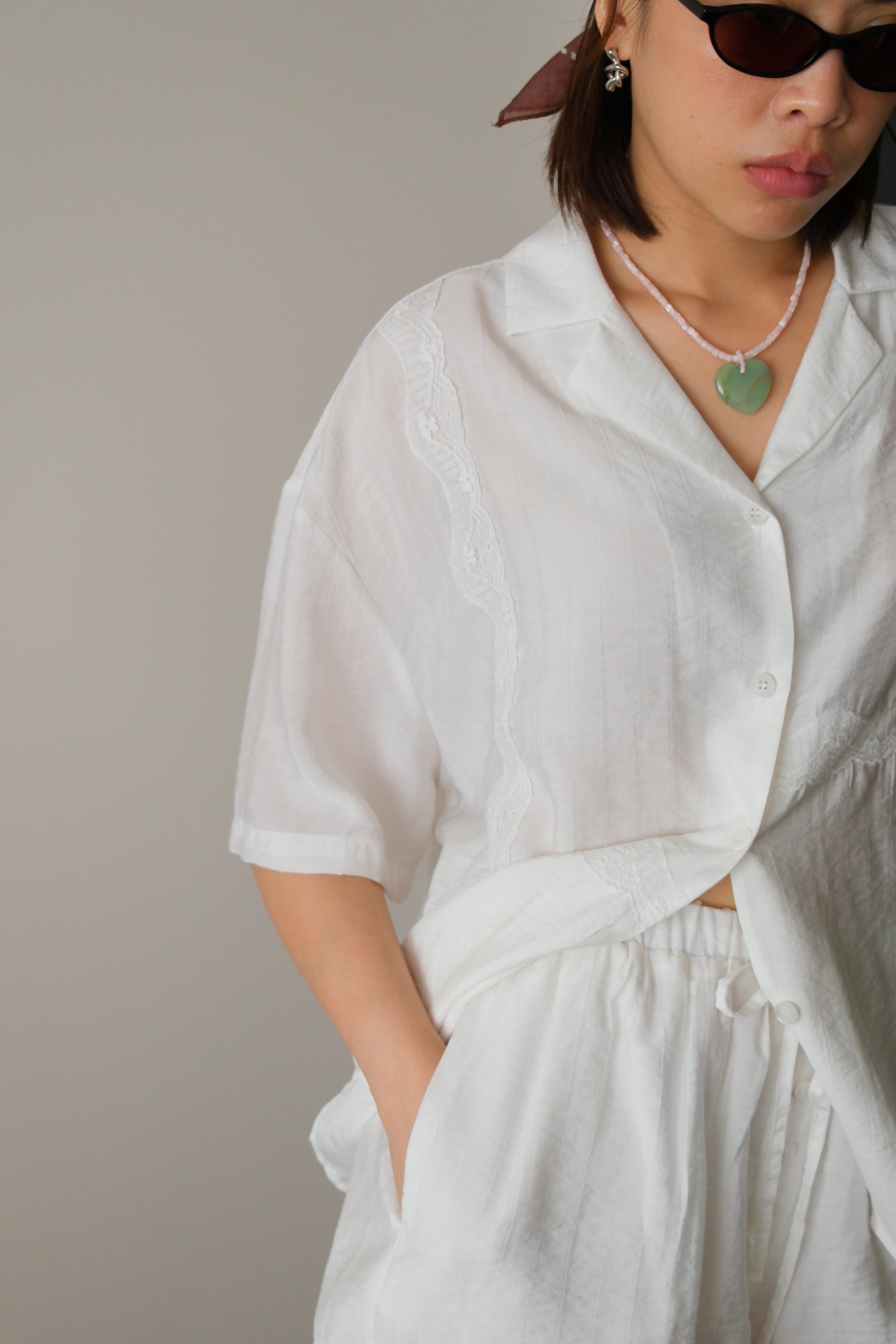 Lace satin open collar shirt