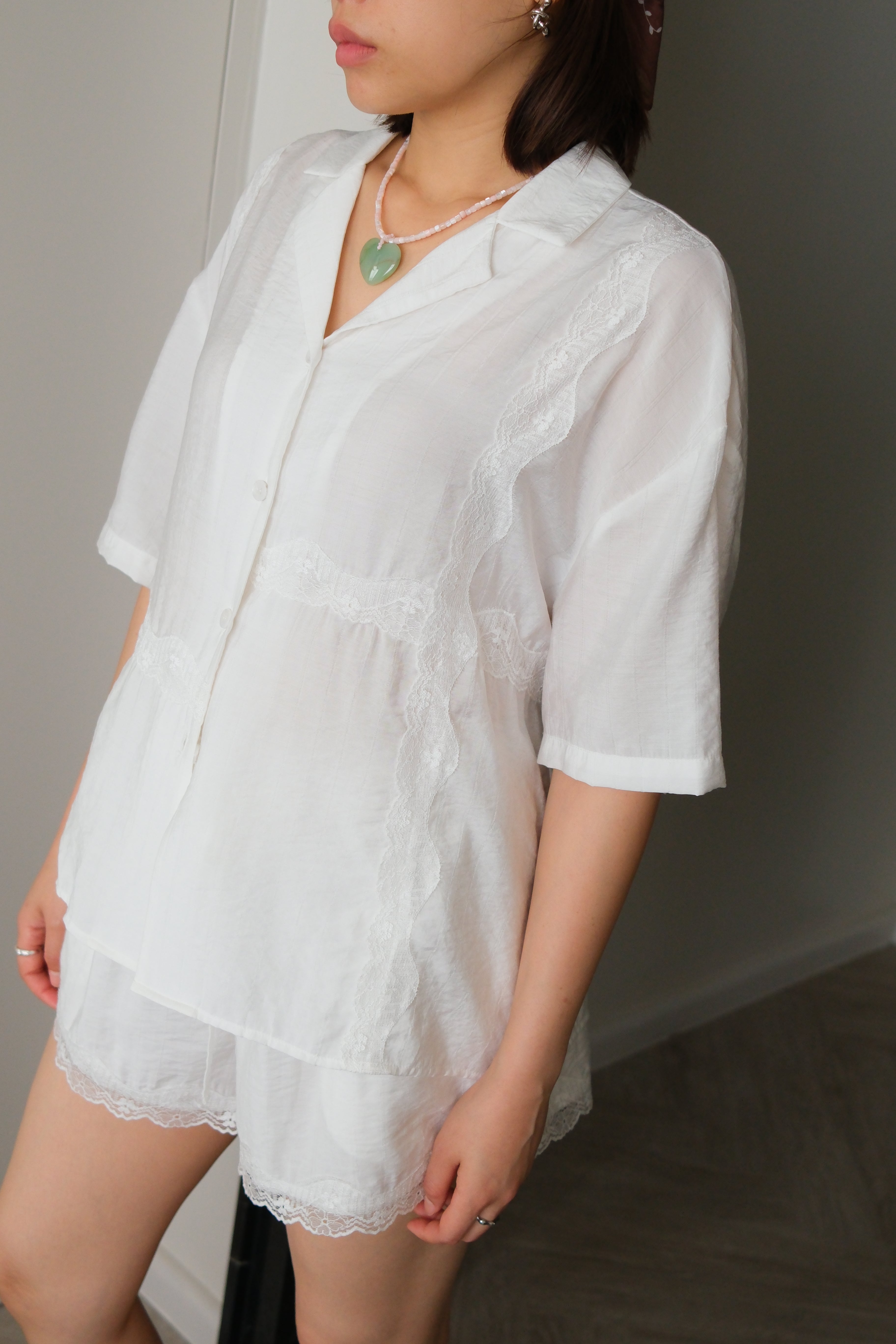 Lace satin open collar shirt