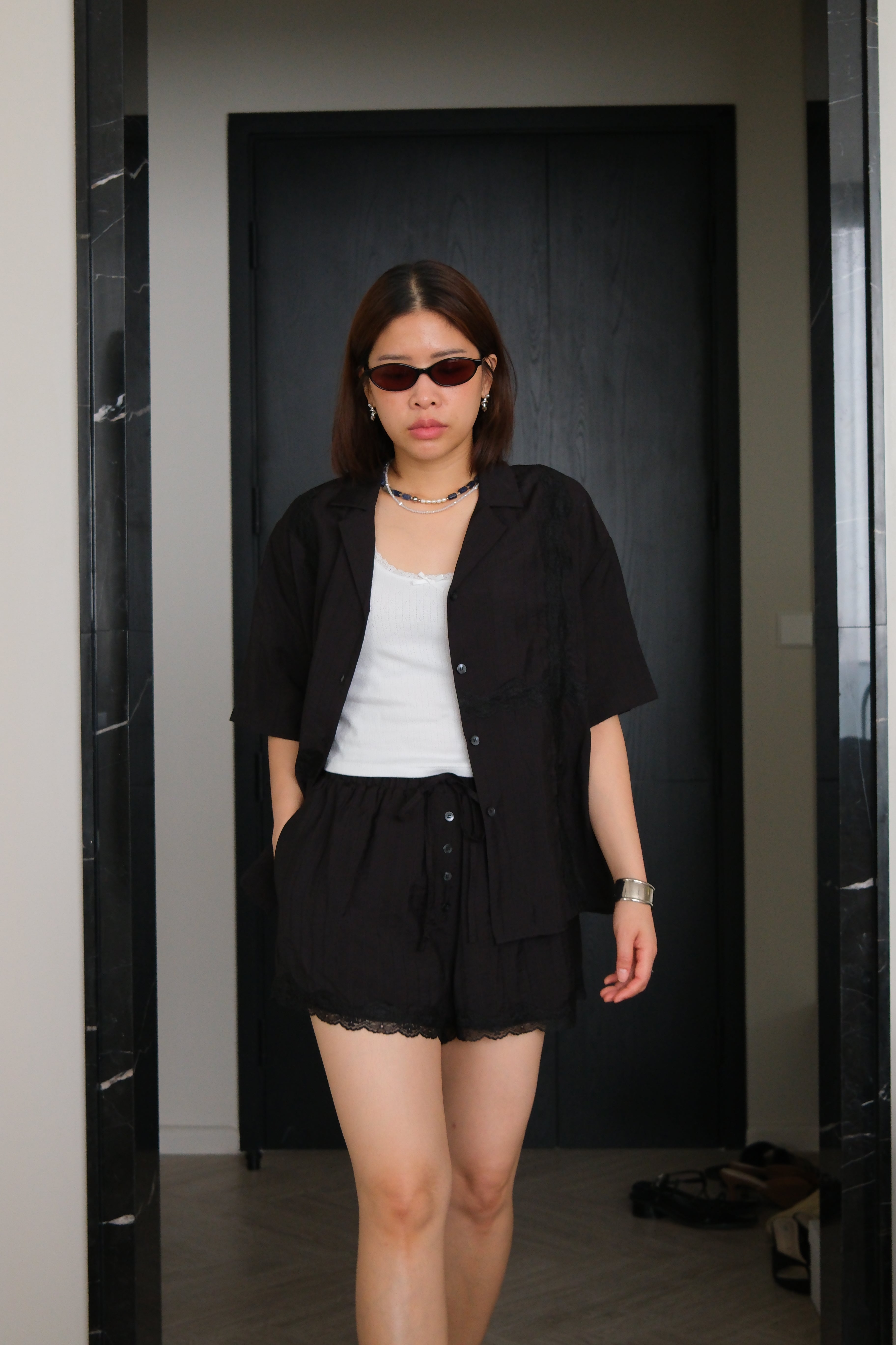 Lace edge satin shorts