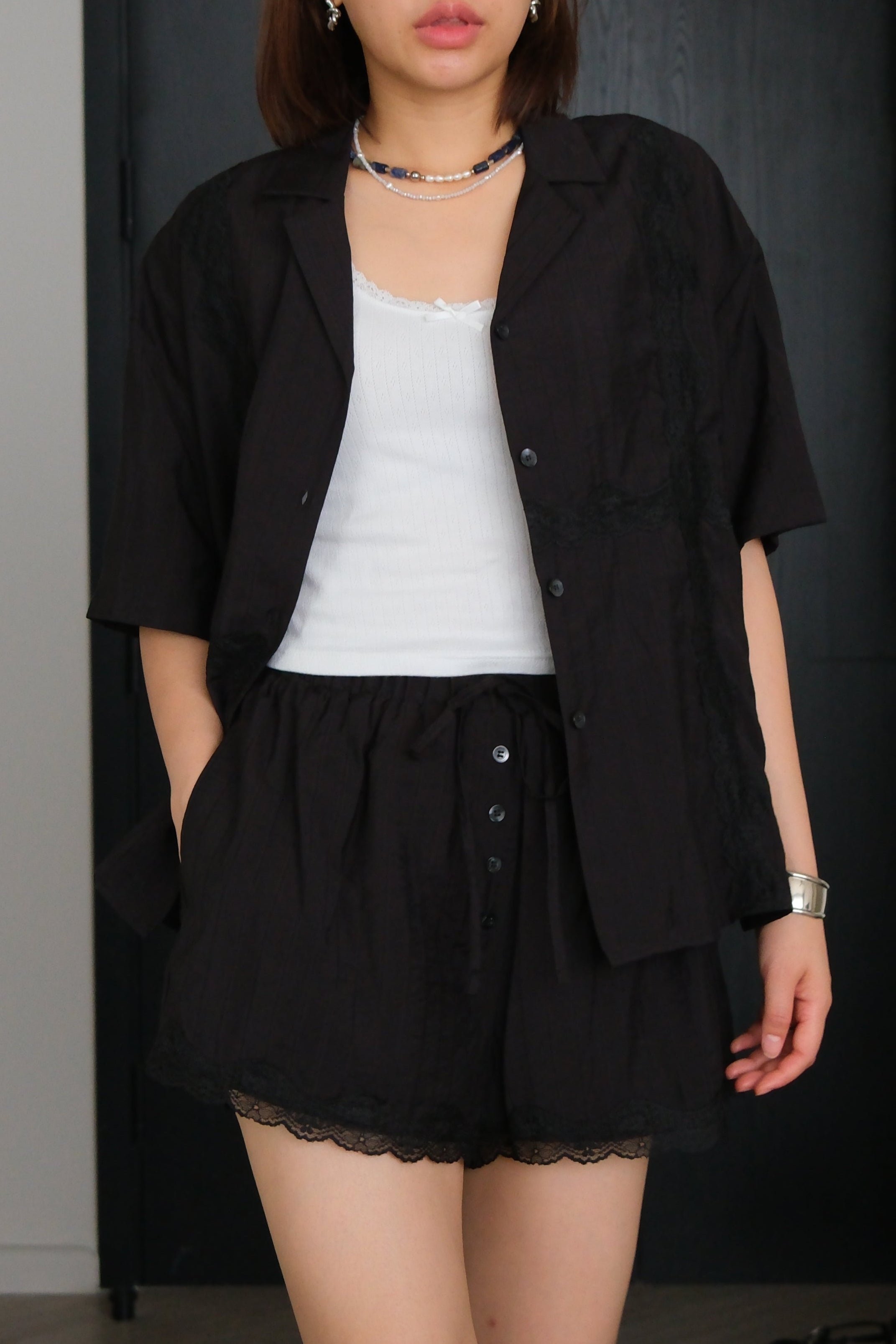 Lace satin open collar shirt