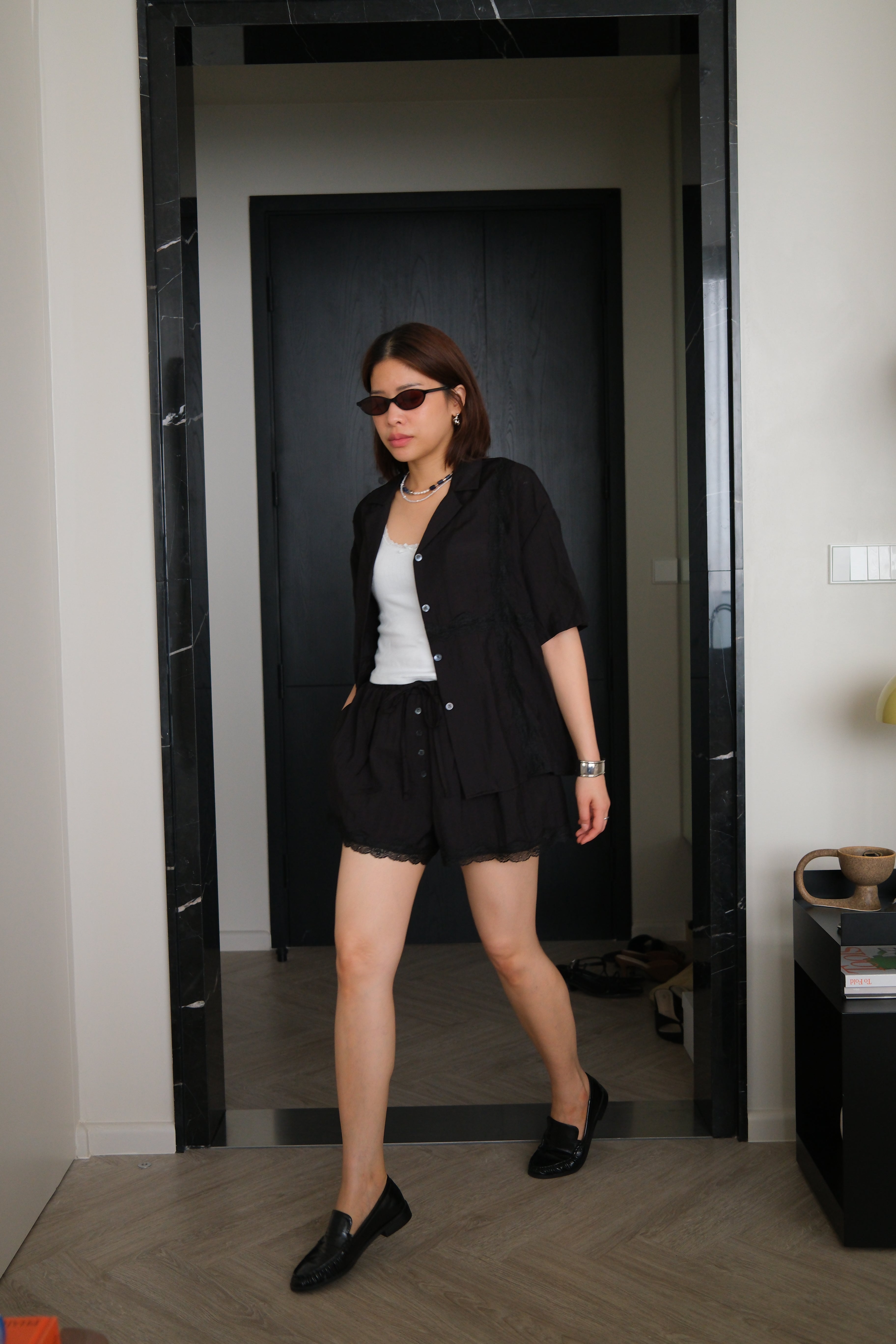 Lace satin open collar shirt