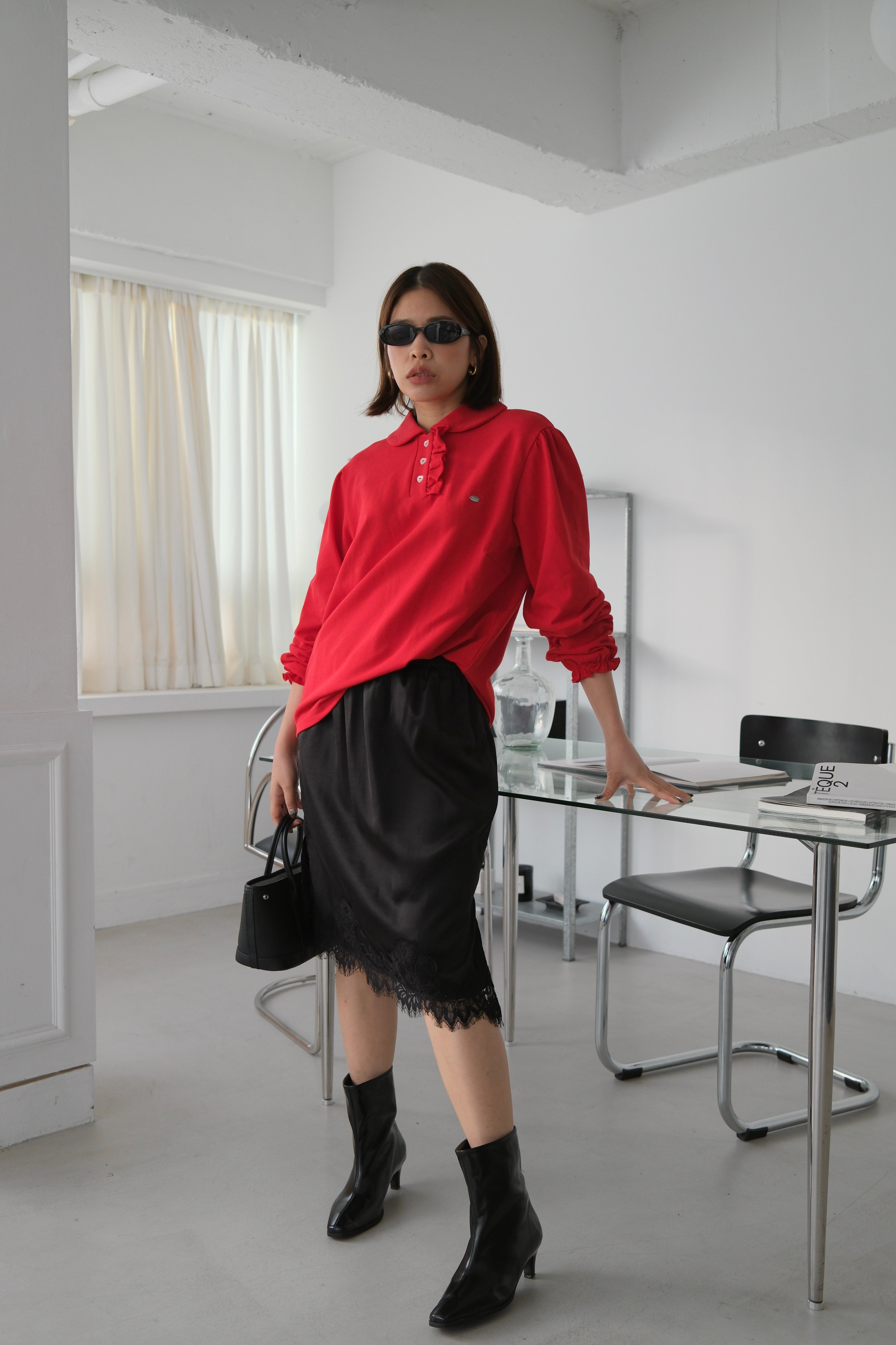 Keem satin lace-trim midi skirt