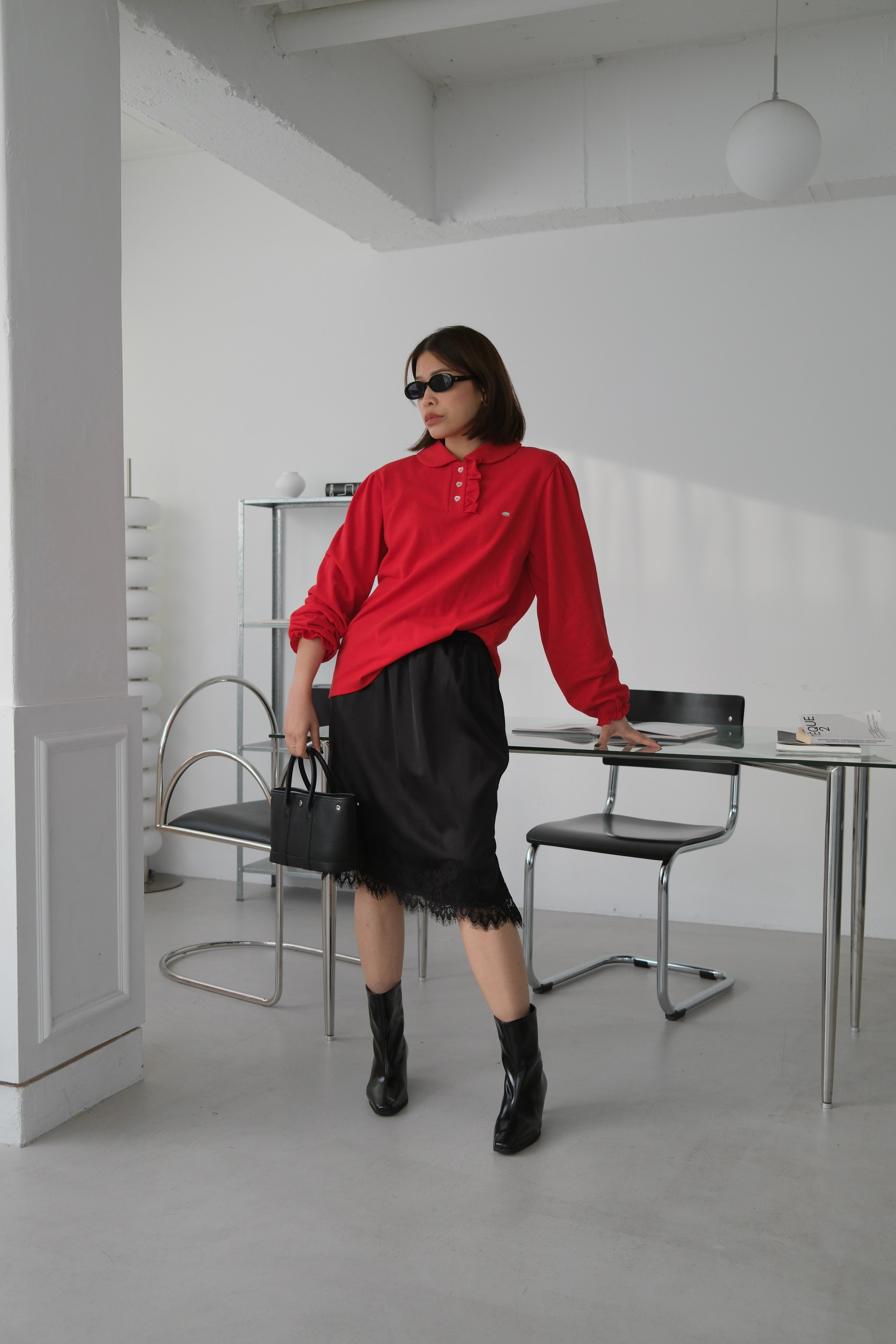 Keem satin lace-trim midi skirt