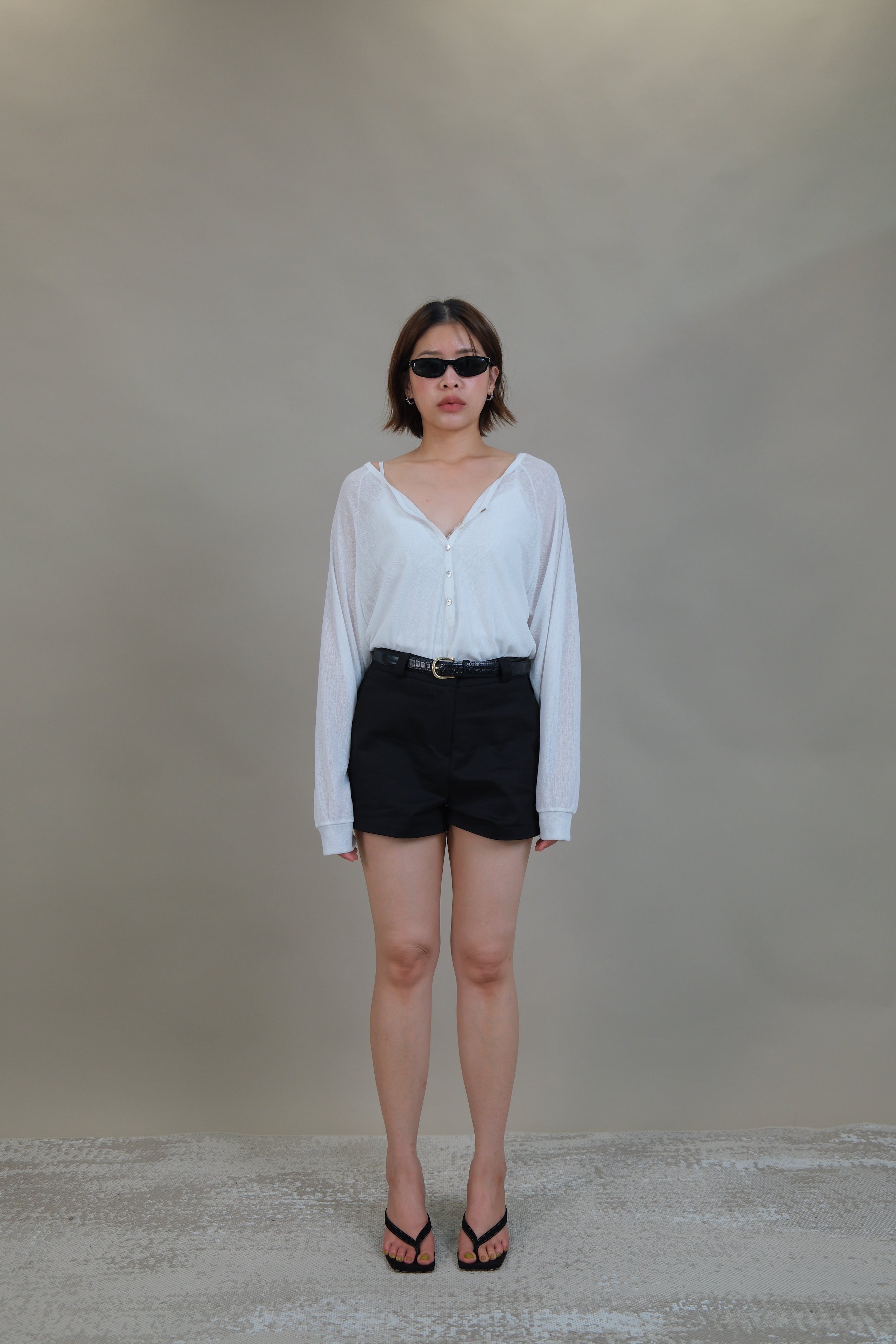 Linear V-Neck Half-Button Top