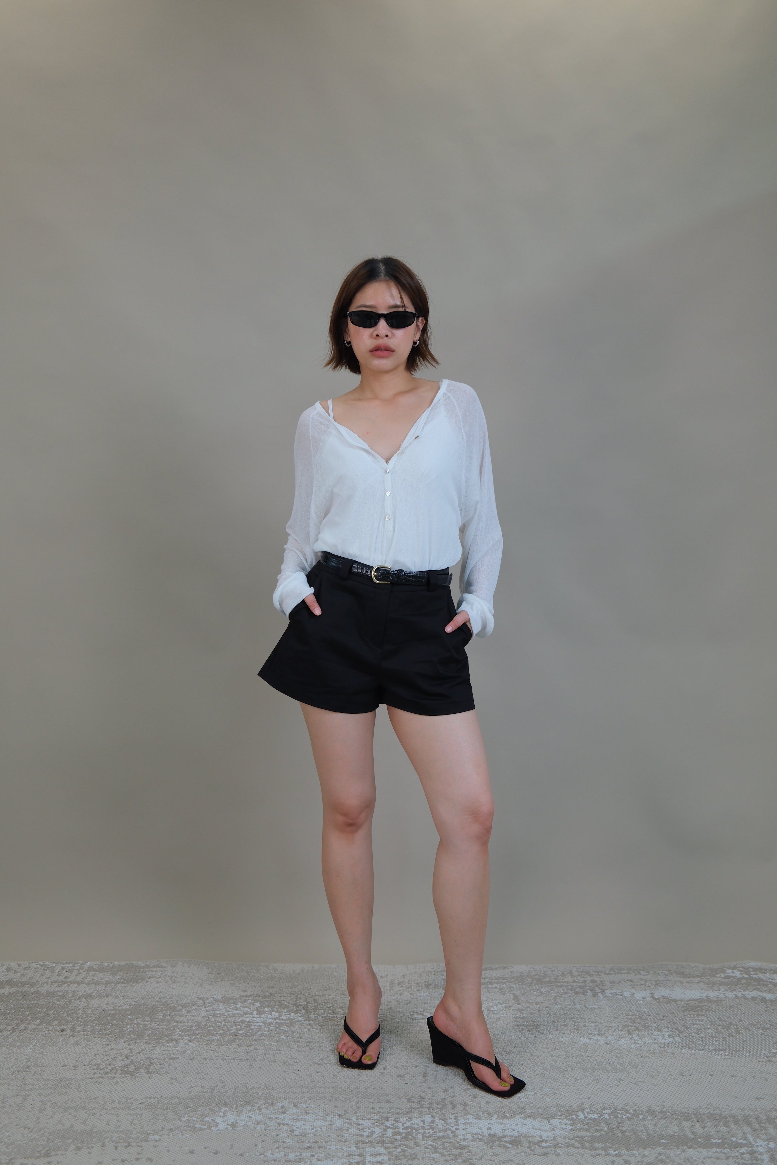 Linear V-Neck Half-Button Top