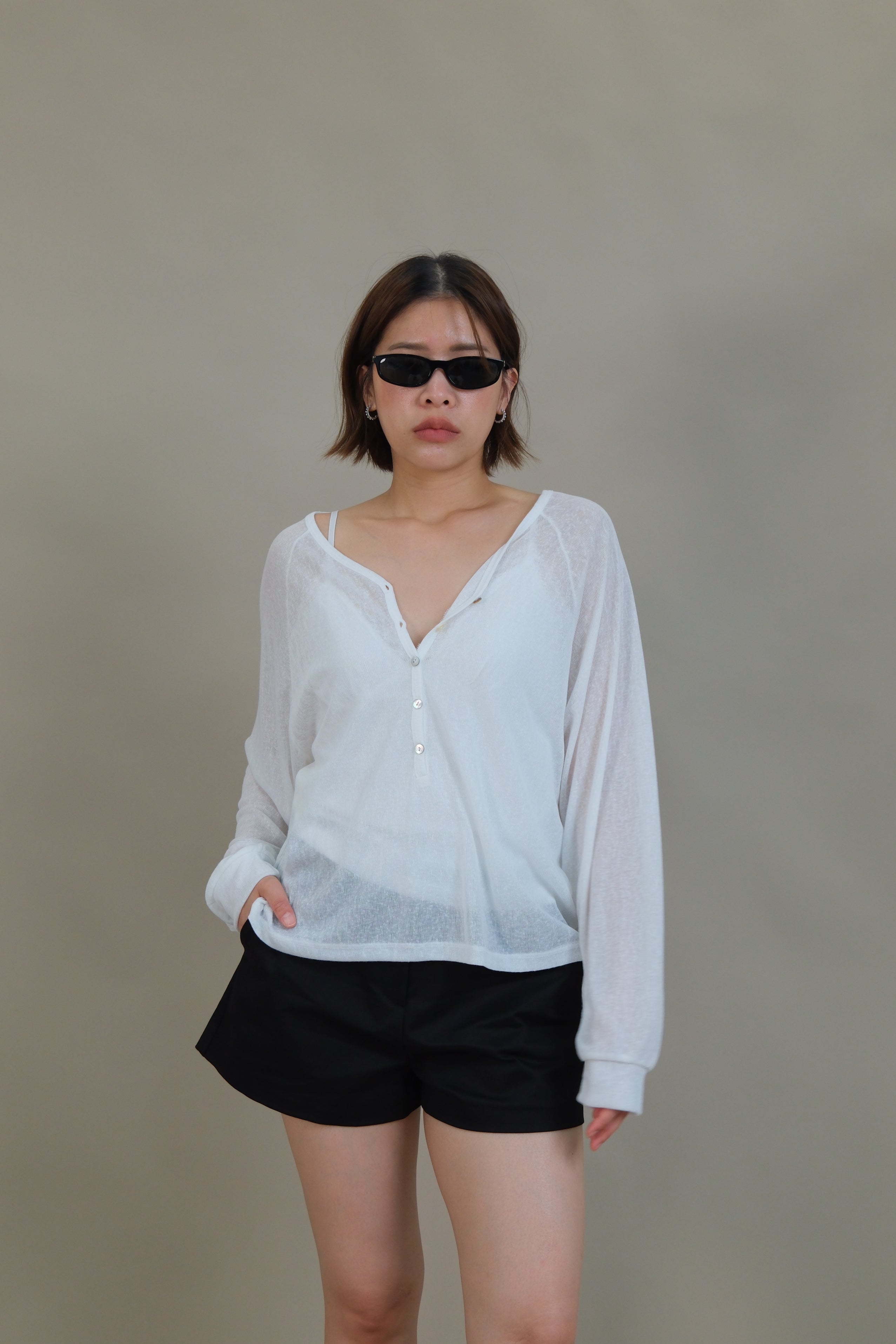 Linear V-Neck Half-Button Top