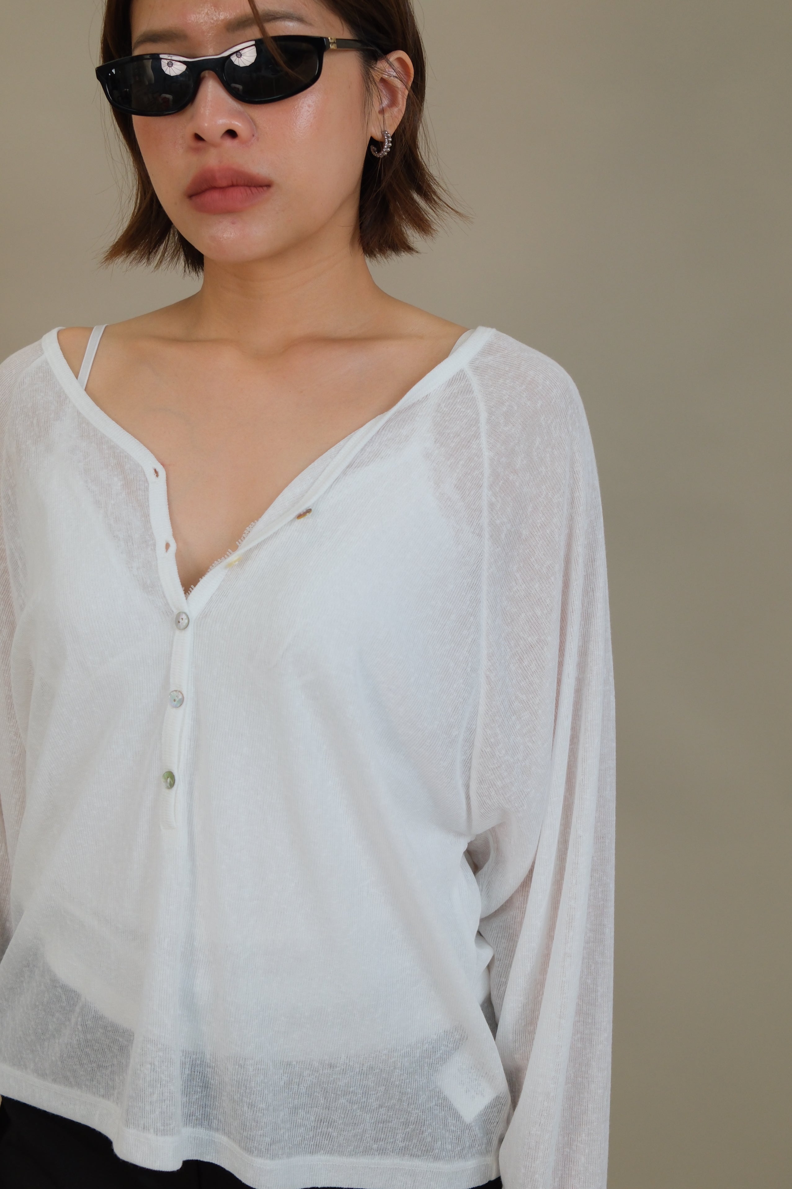 Linear V-Neck Half-Button Top