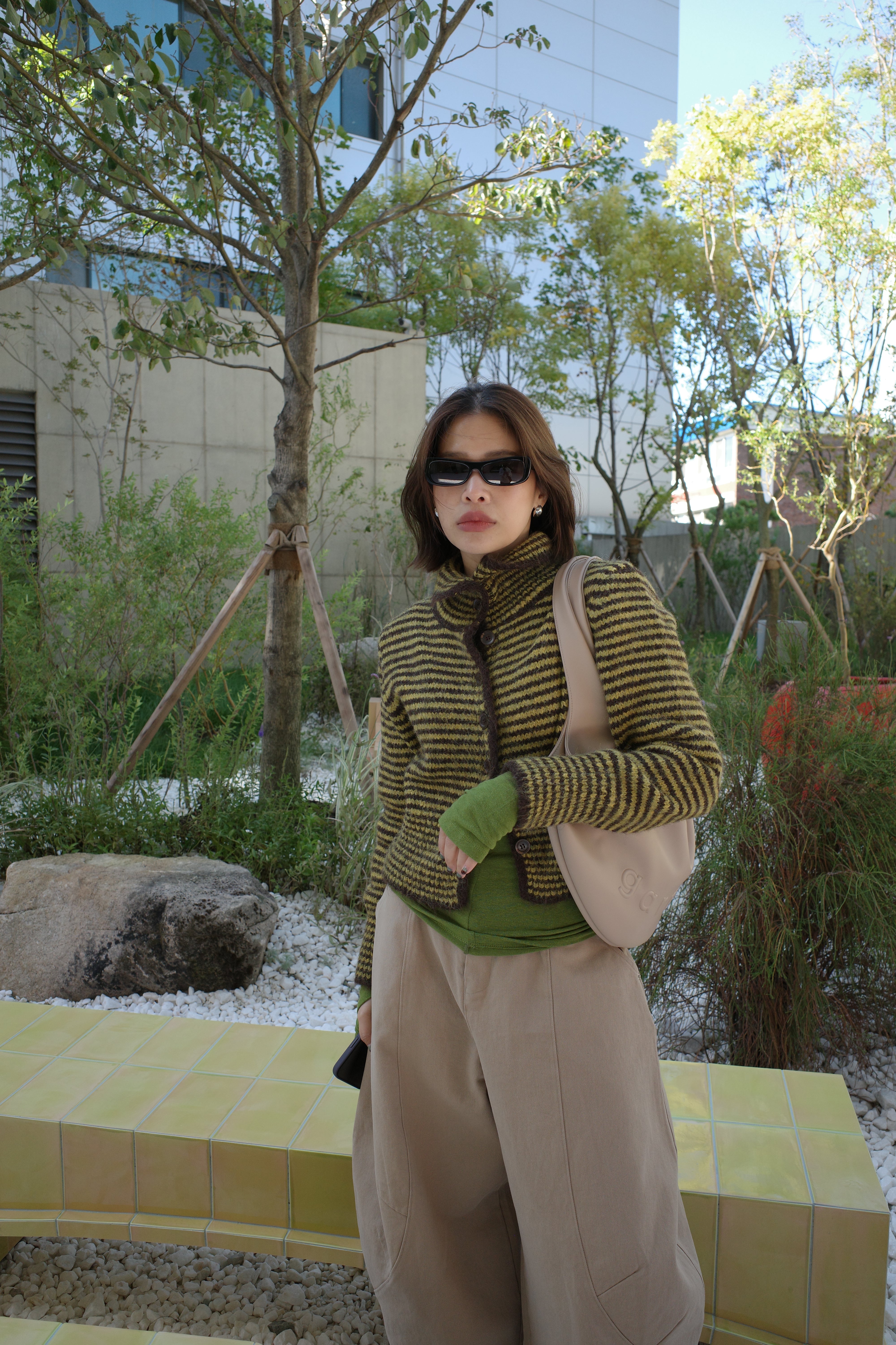 striped high-neck Fluffy cardigan