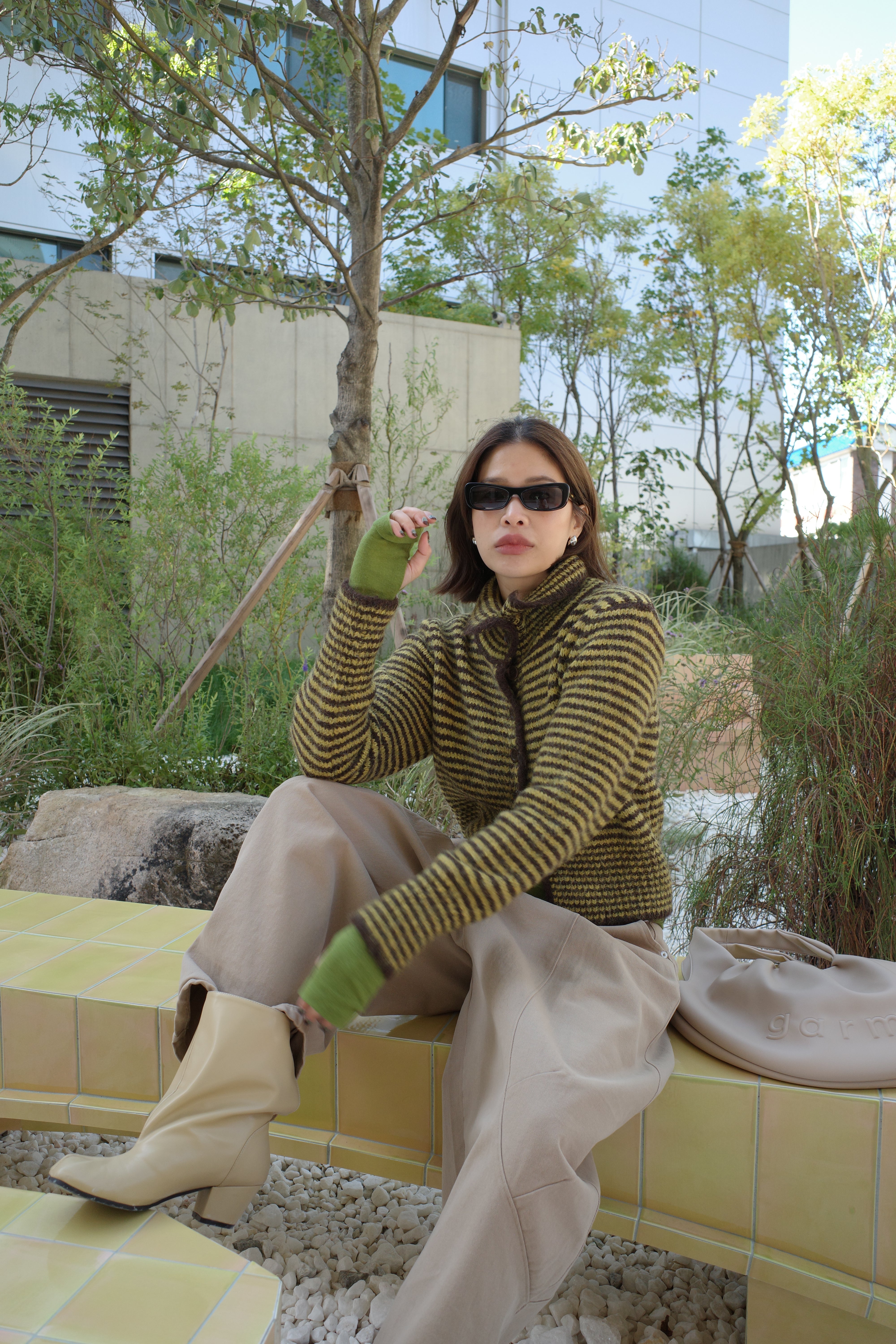 striped high-neck Fluffy cardigan