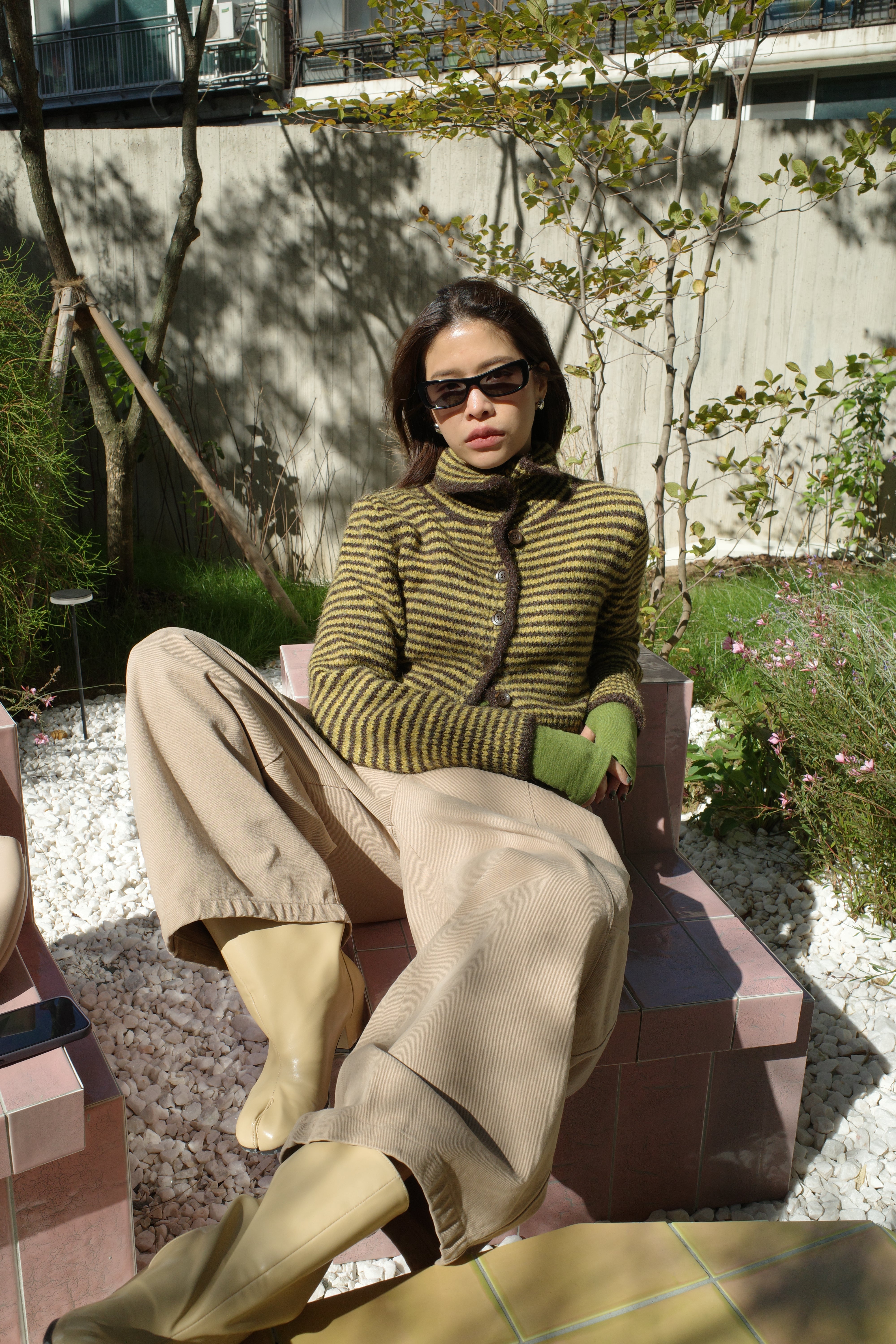 striped high-neck Fluffy cardigan