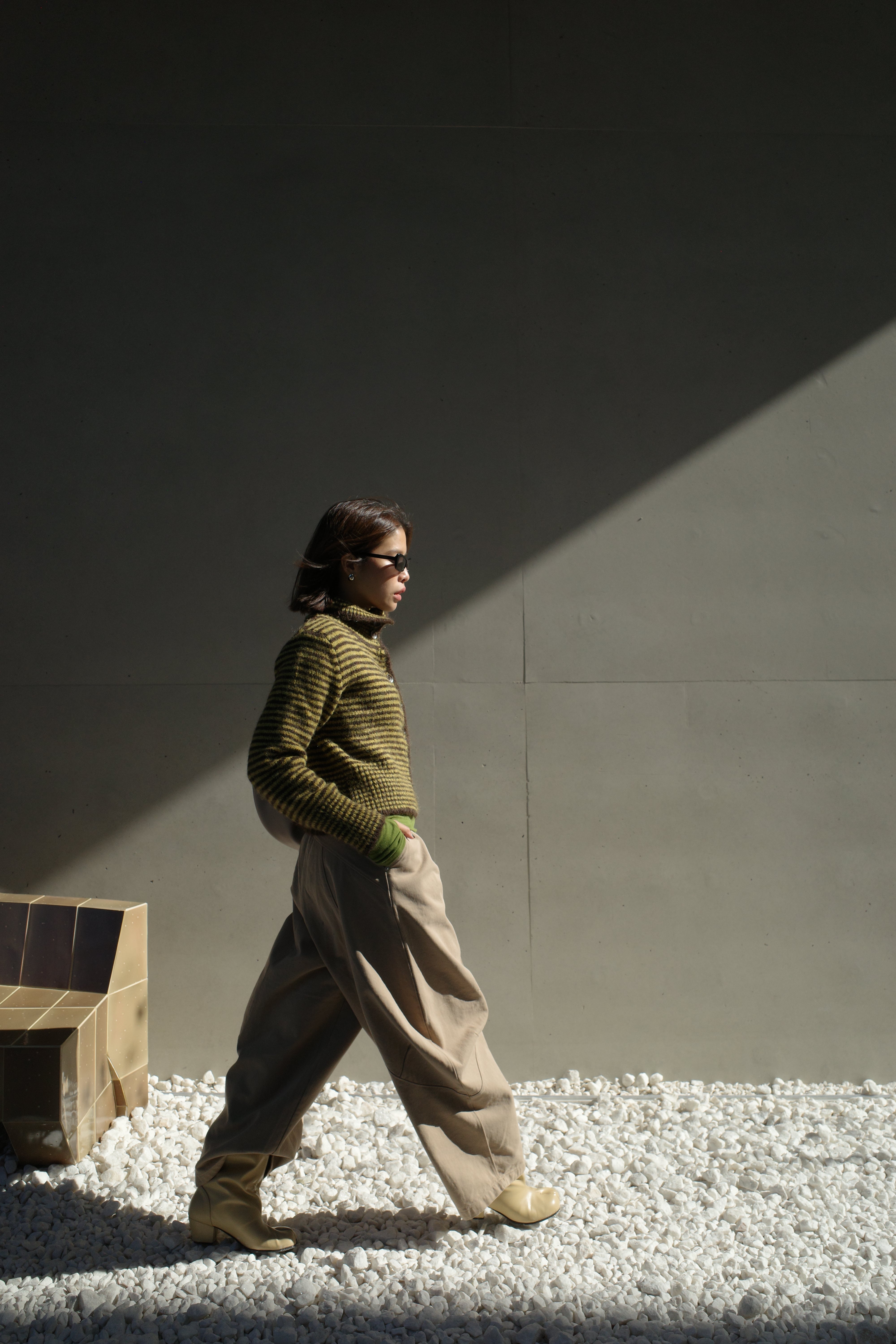 striped high-neck Fluffy cardigan