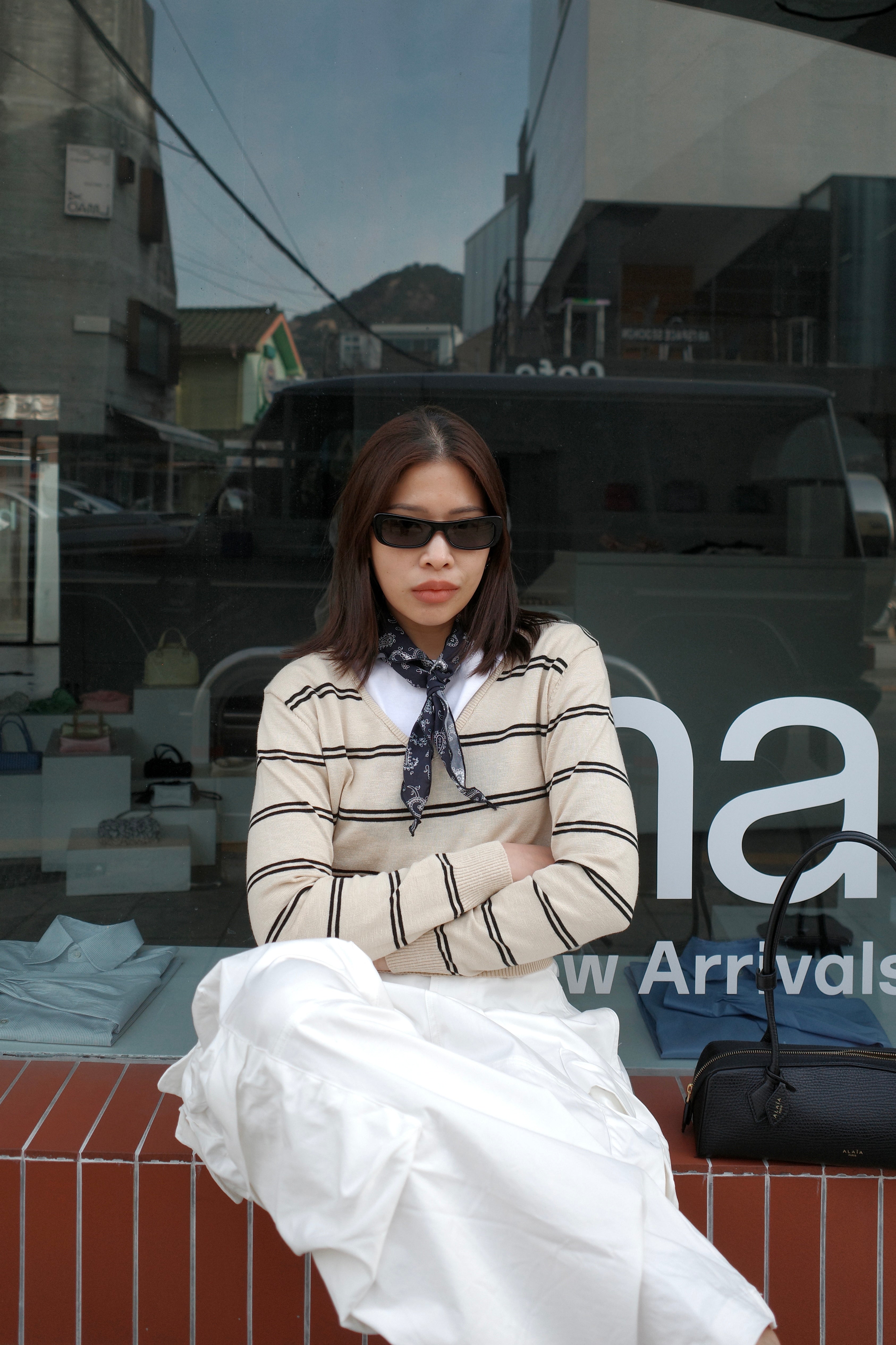 double stripe v neck knit top