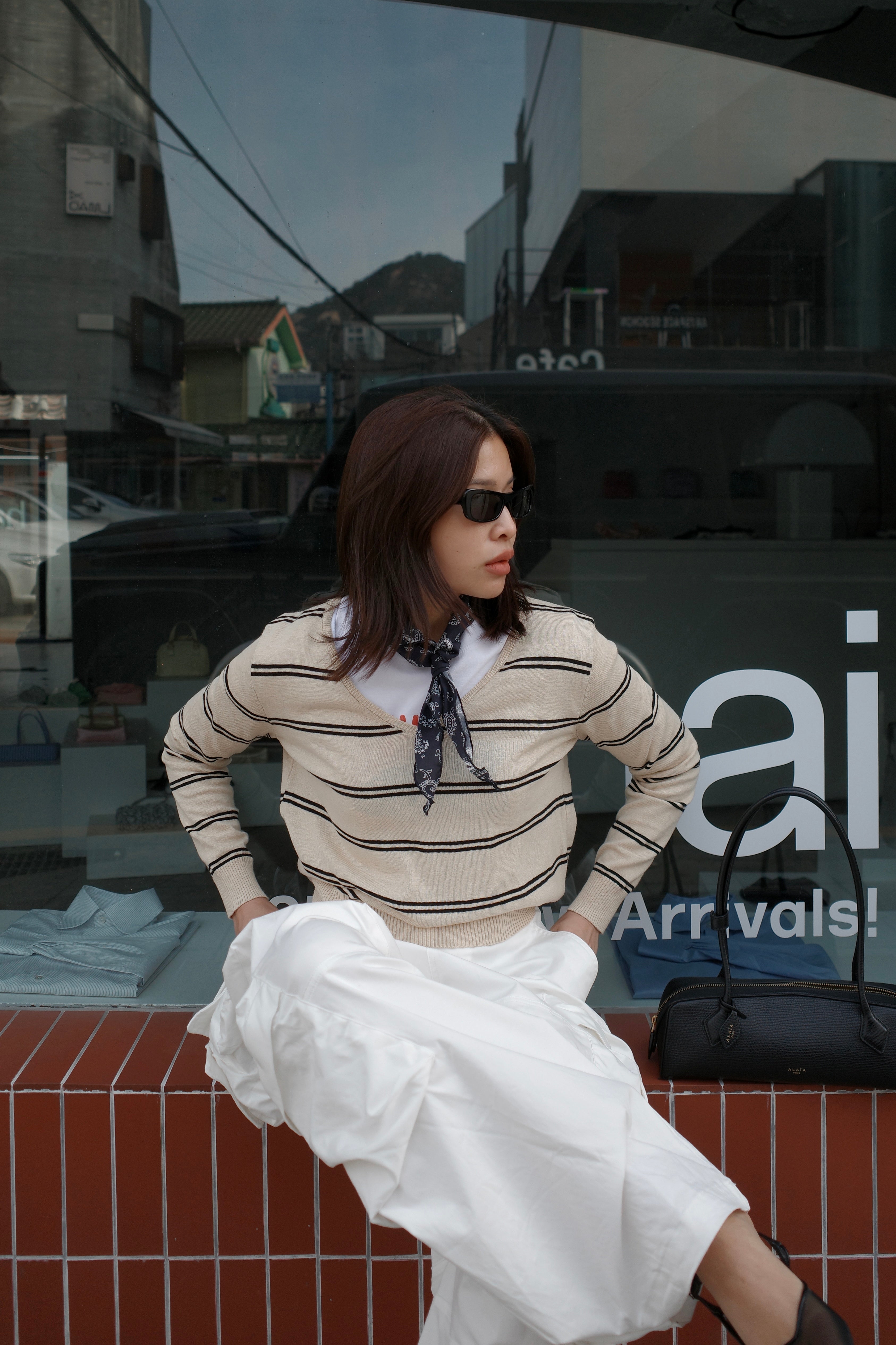 double stripe v neck knit top