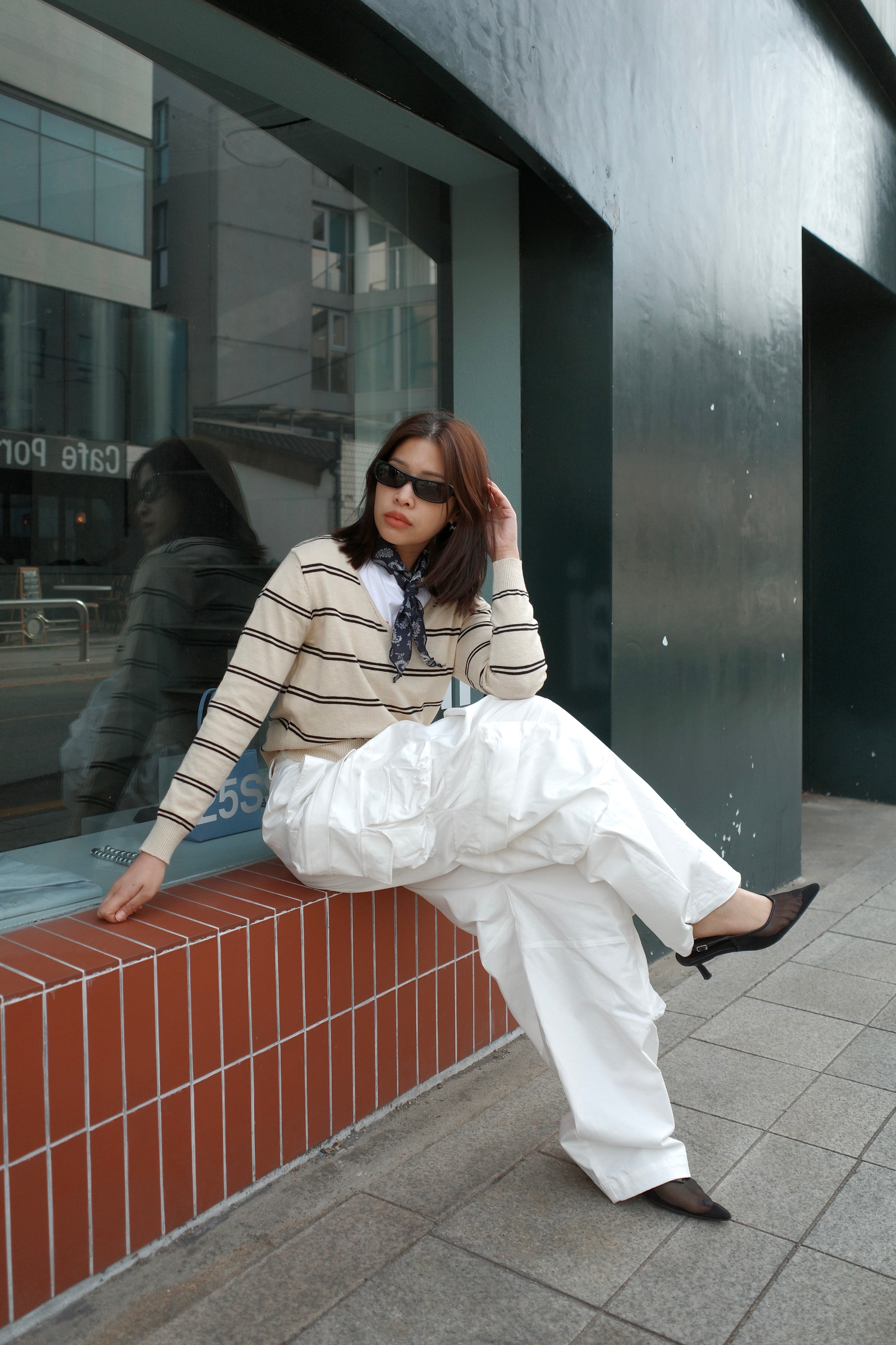 double stripe v neck knit top