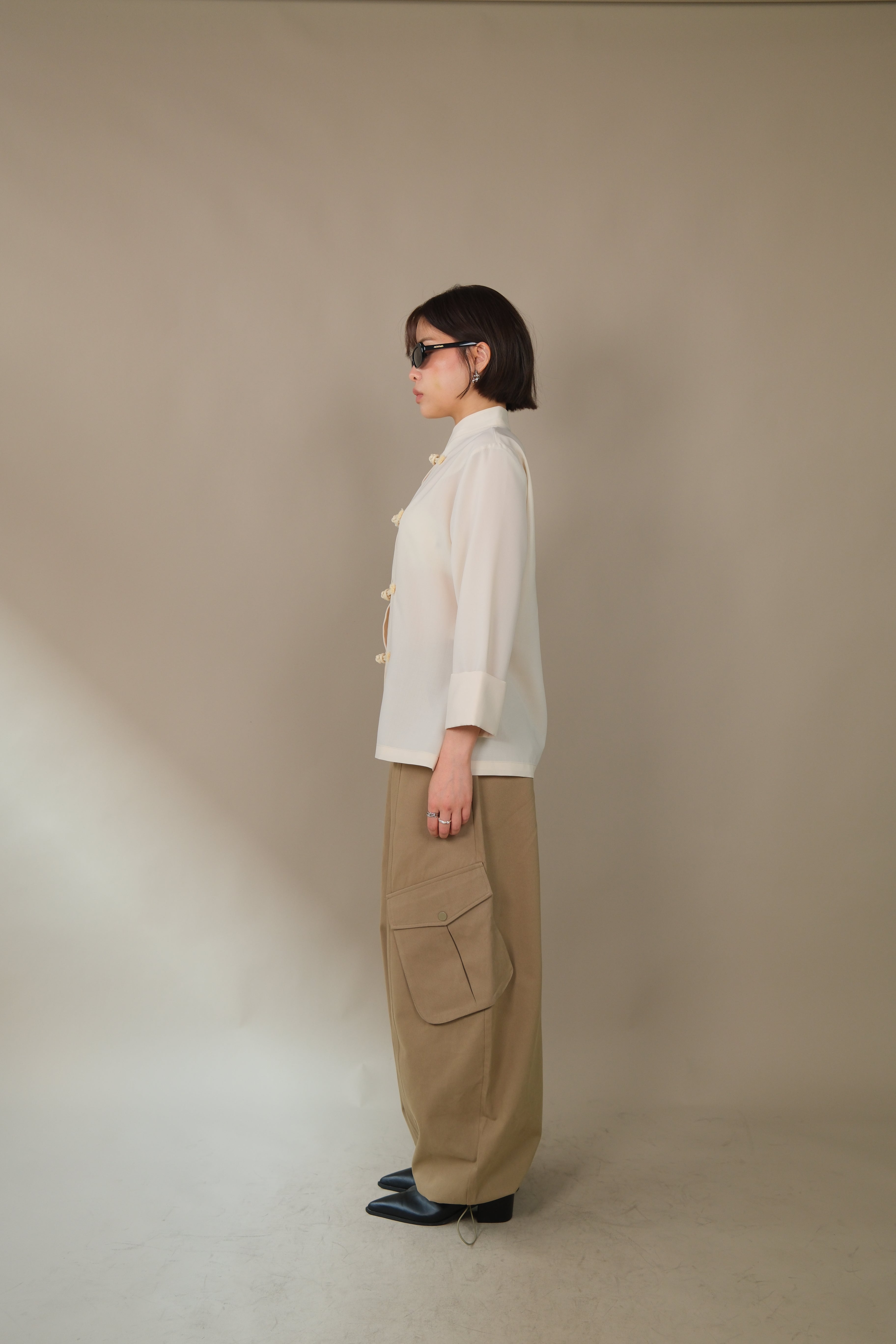 Mandarin collar silky shirt