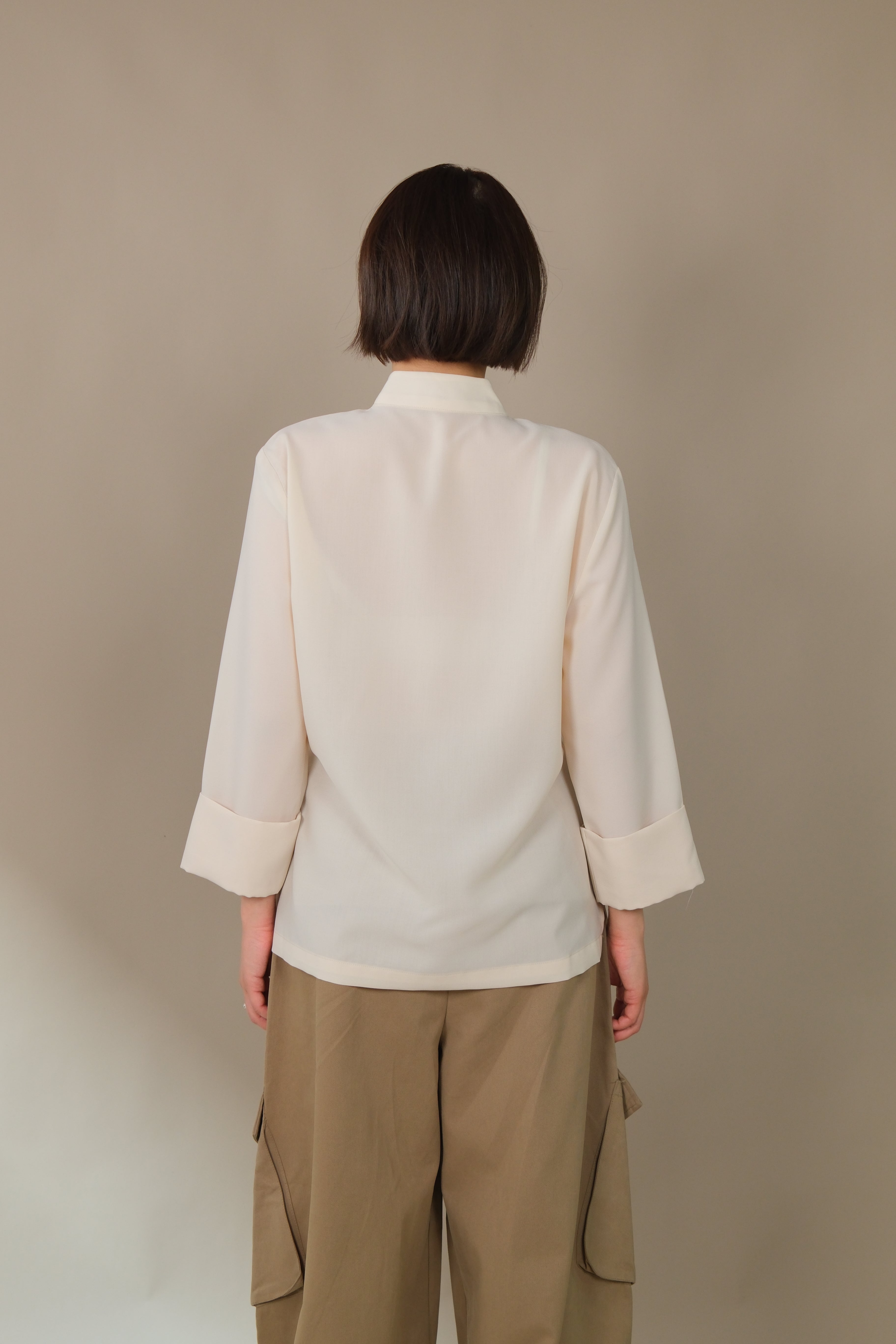 Mandarin collar silky shirt