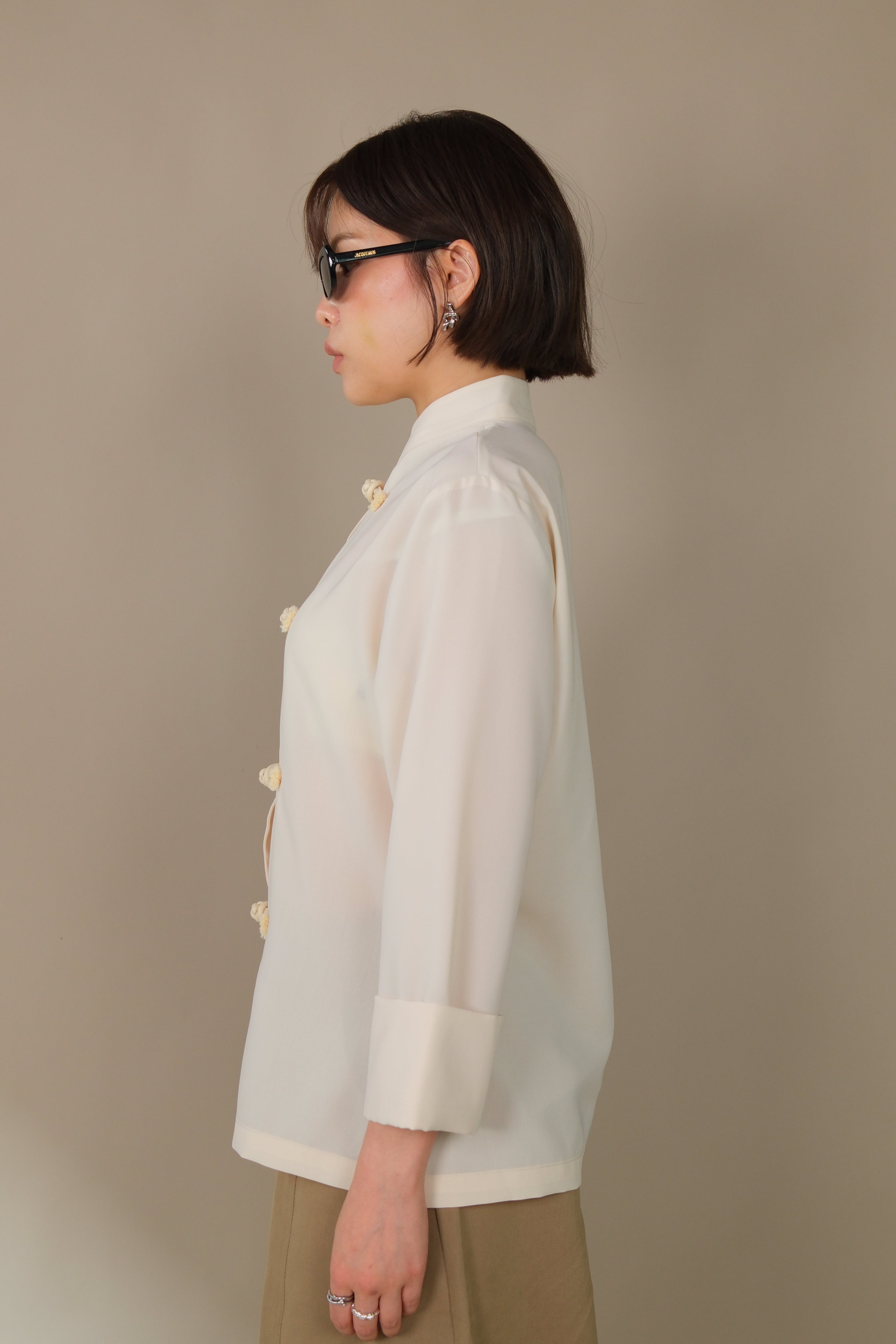 Mandarin collar silky shirt