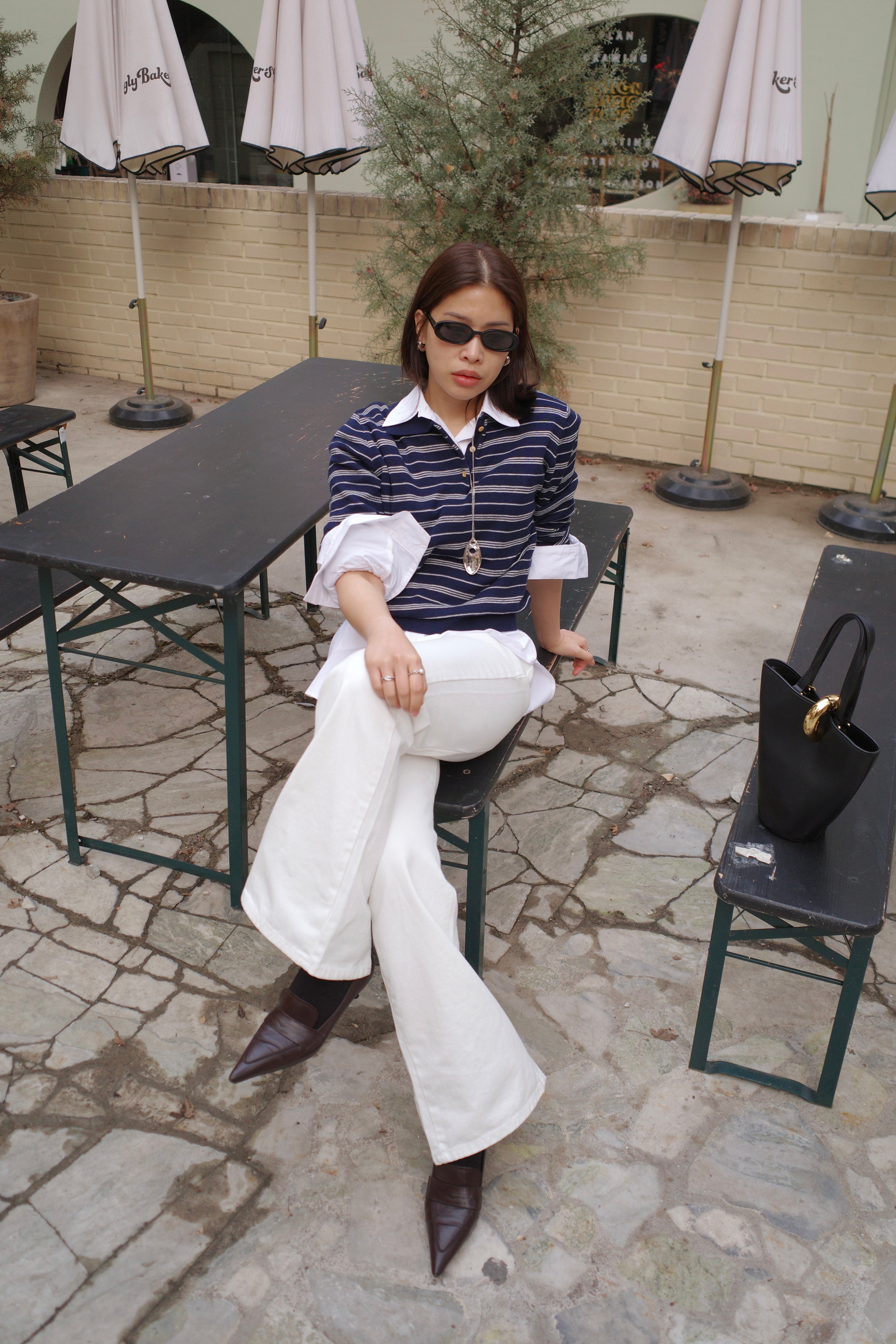 scandi striped polo long sleeve knit top