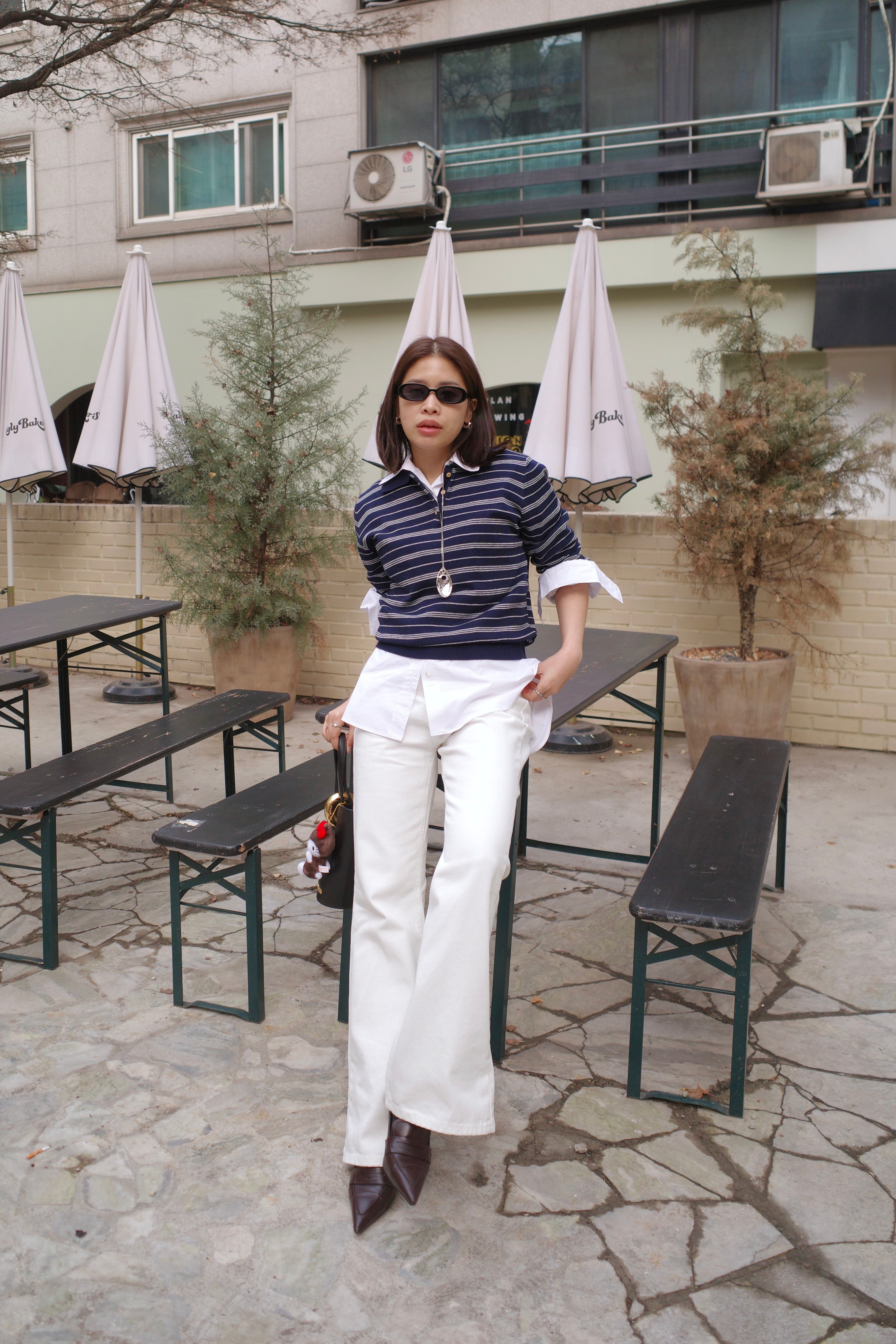 scandi striped polo long sleeve knit top