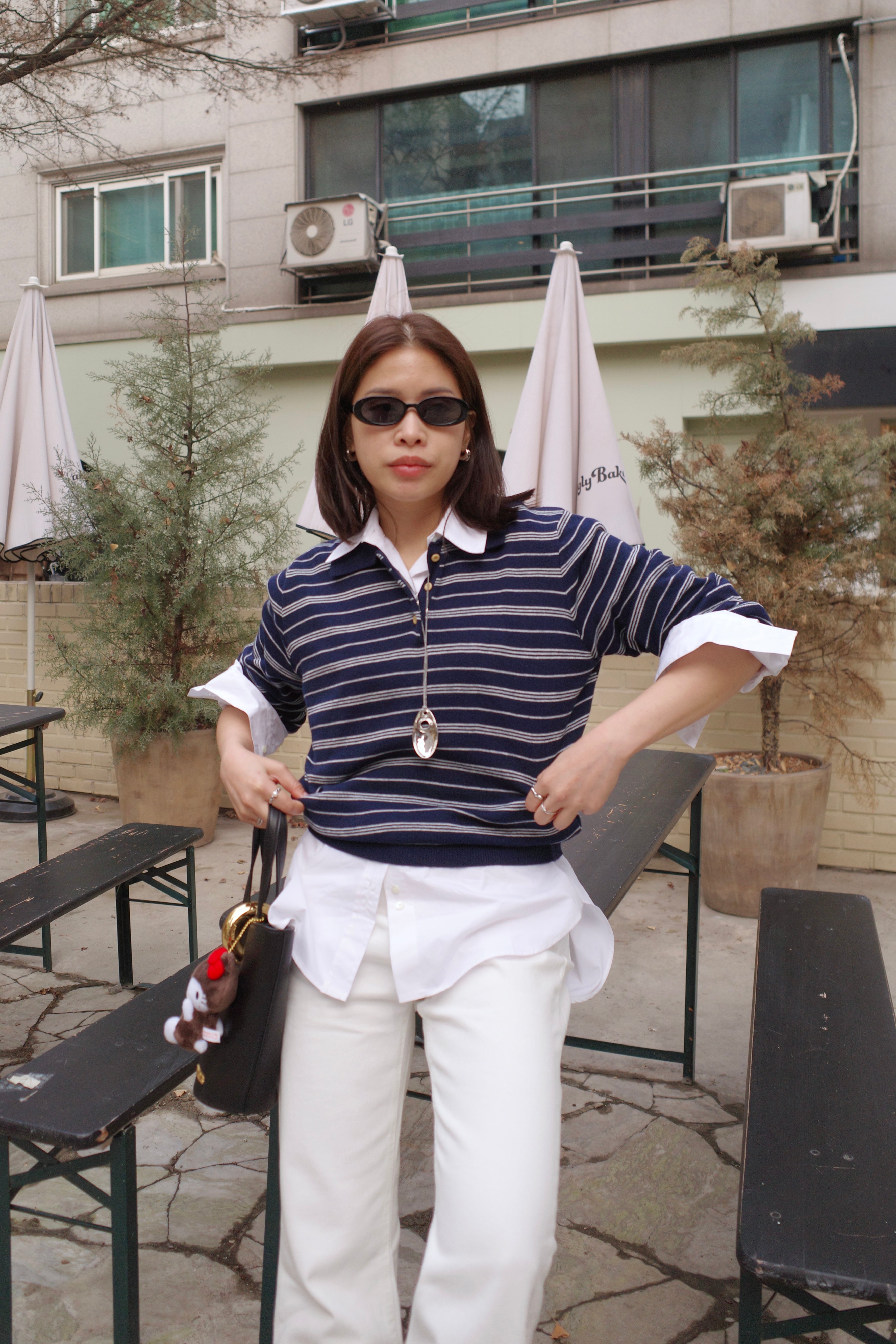 scandi striped polo long sleeve knit top