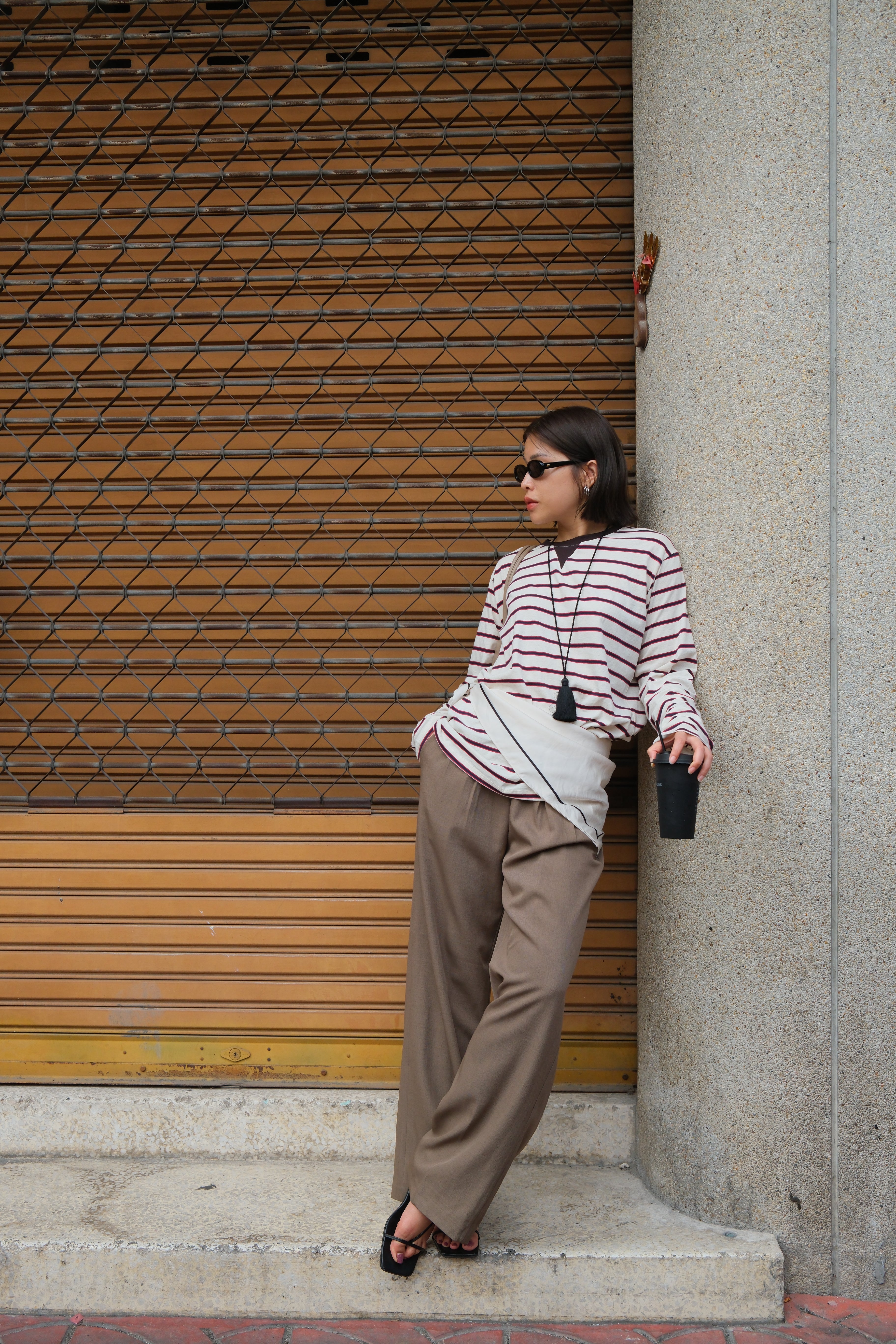 Triangle collar striped long-sleeve soft tee