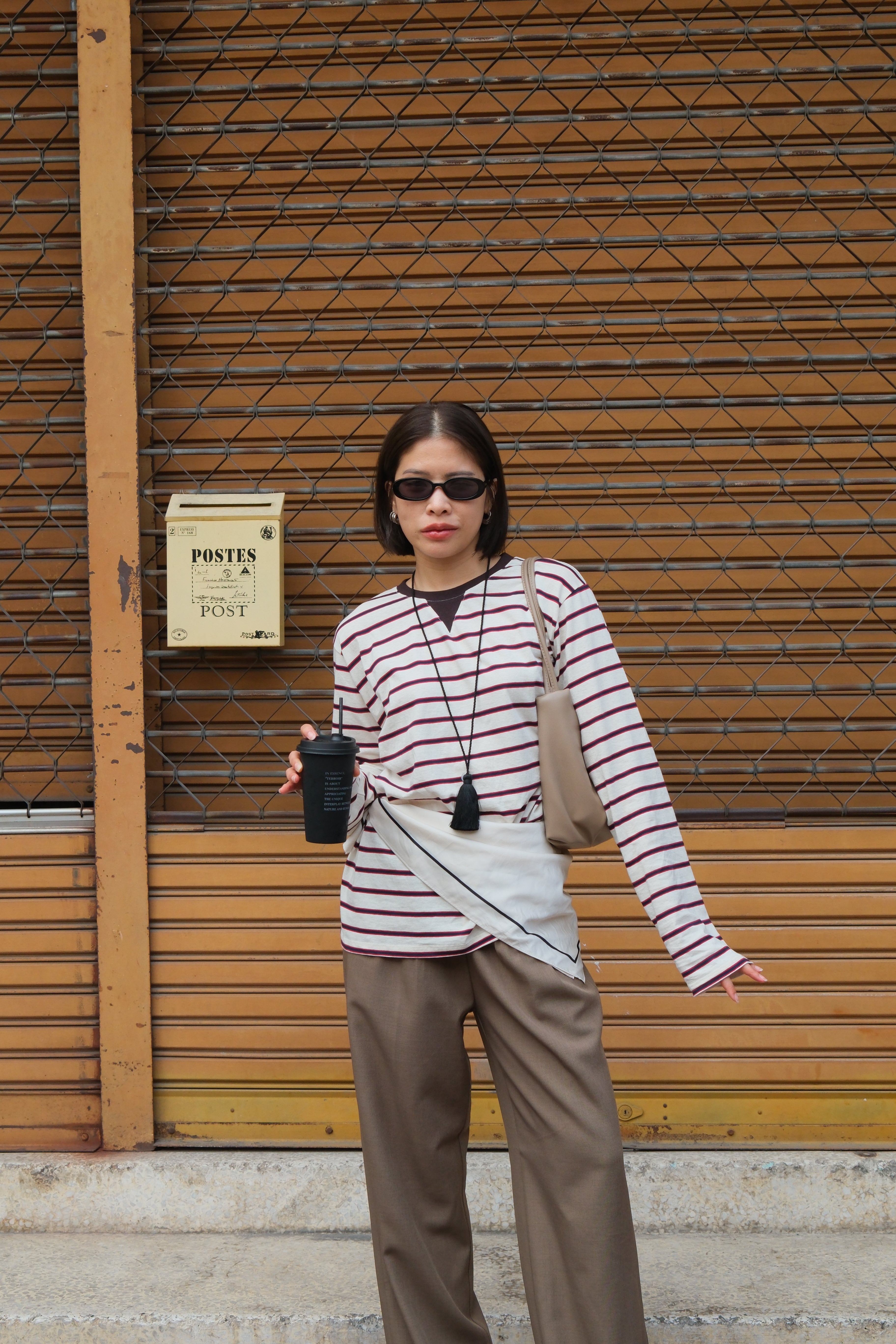 Triangle collar striped long-sleeve soft tee