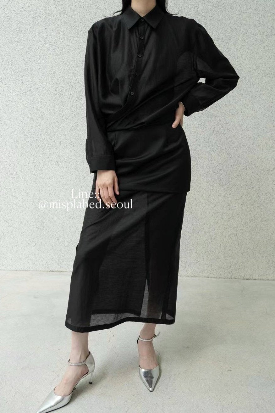 klony sheer unbalance crop shirt