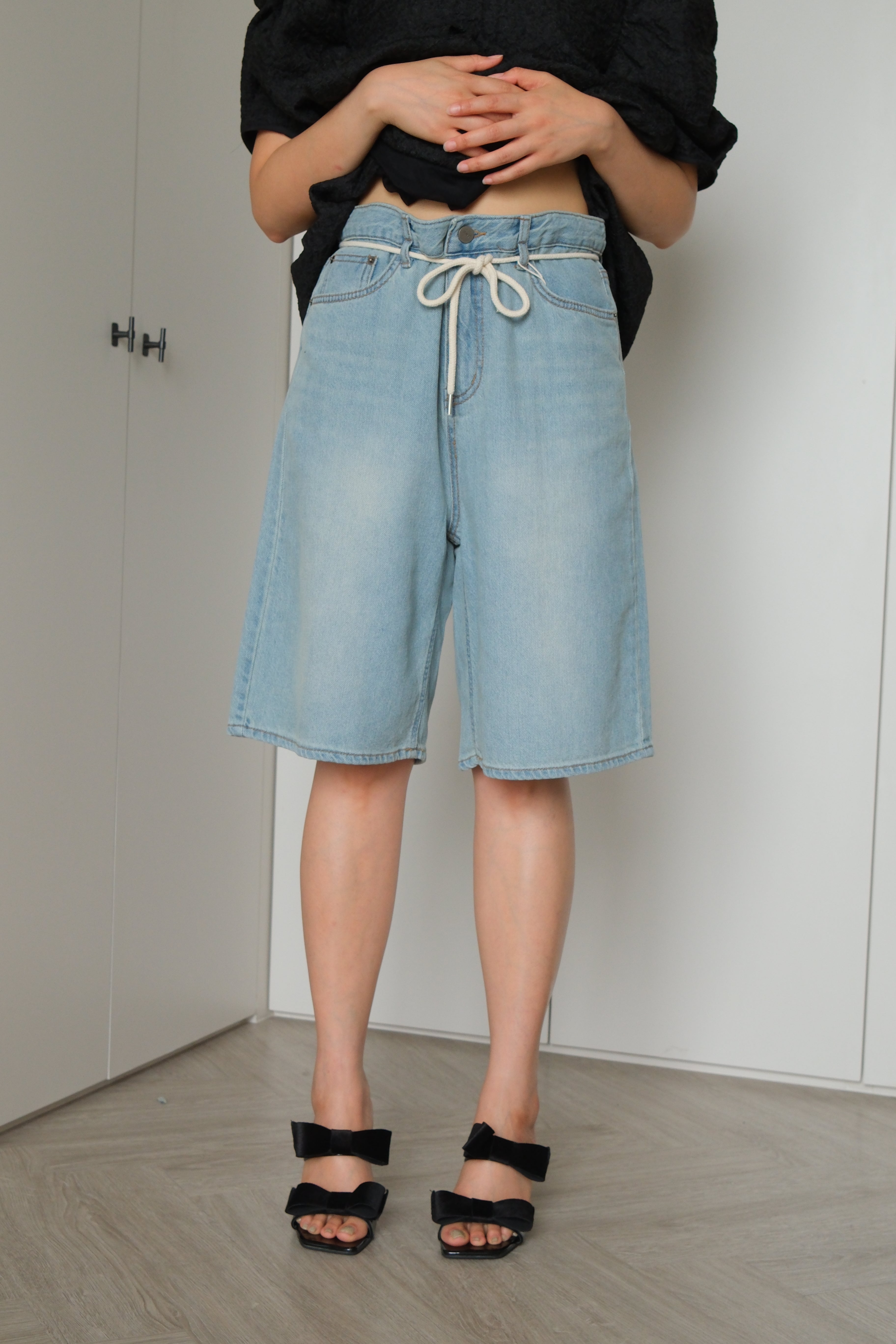 rope belted bermuda soft denim shorts