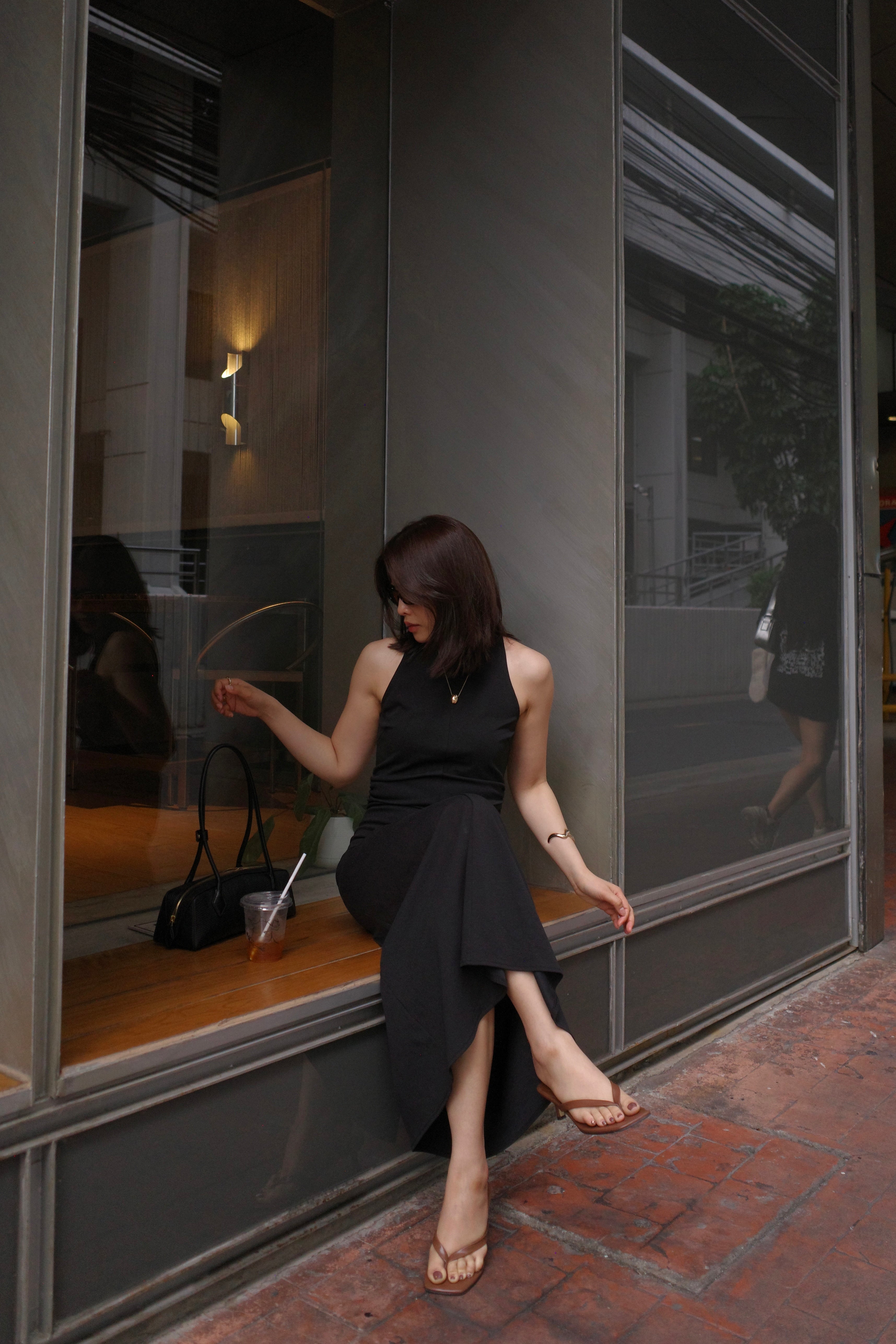 slim cut gathered waist dress