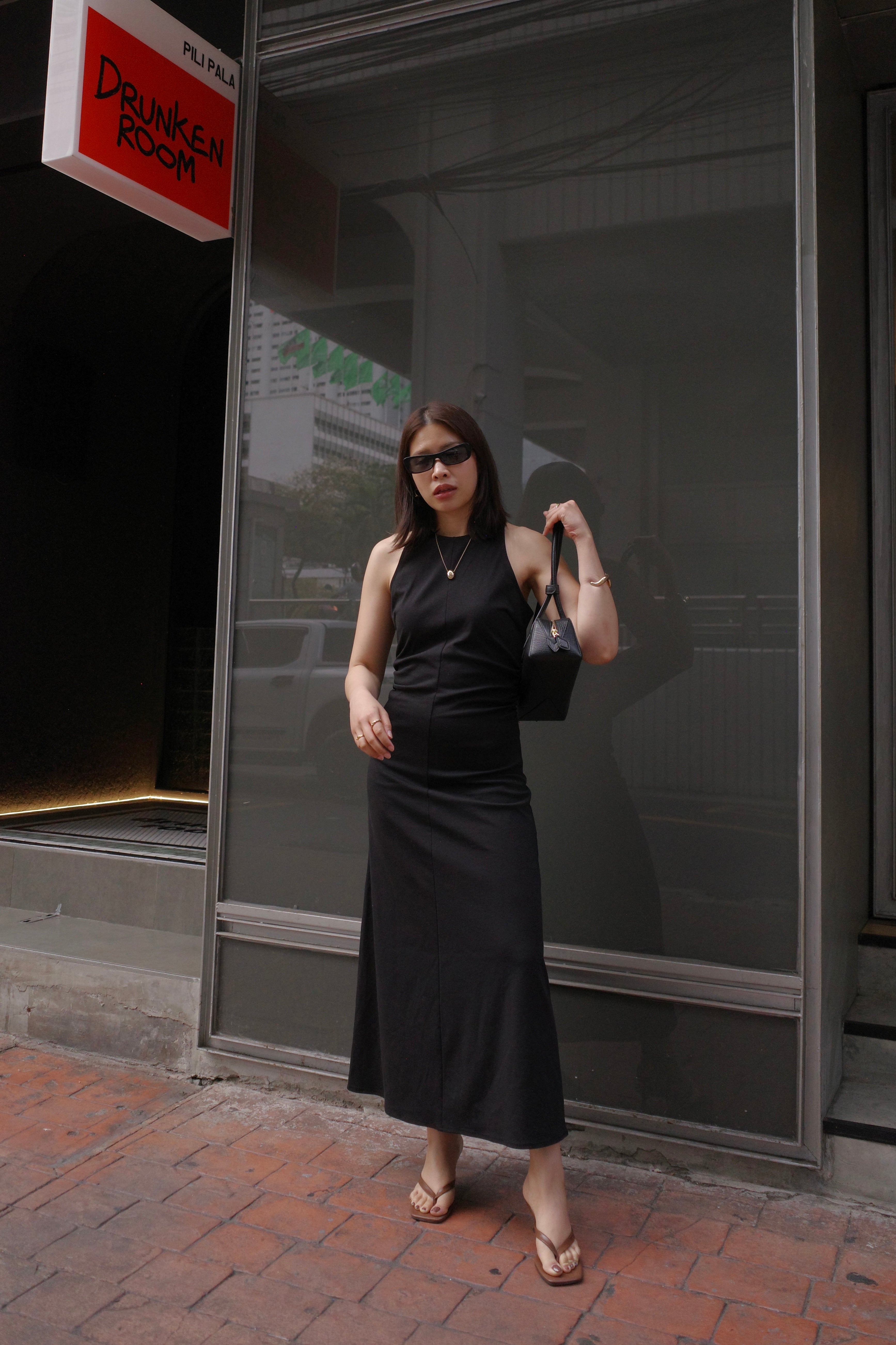 slim cut gathered waist dress
