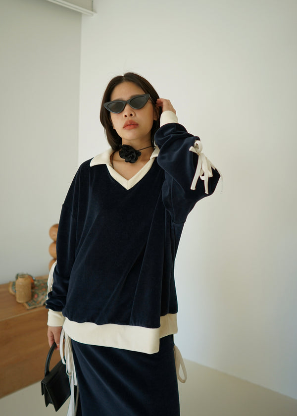 Velvet ribbon sleeve pullover