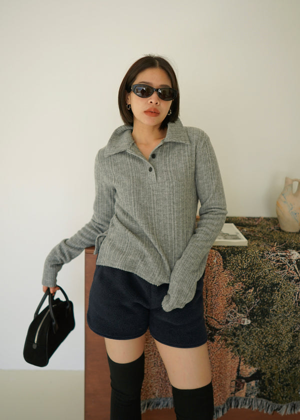 Fluffy ribbed long sleeve polo collar tee