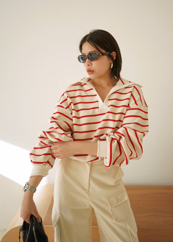 Stripe open collar pullover