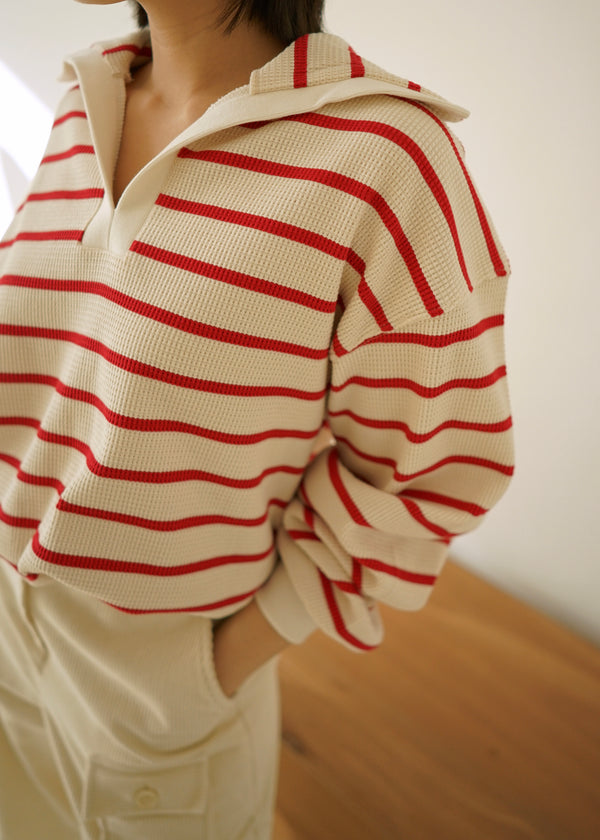 Stripe open collar pullover