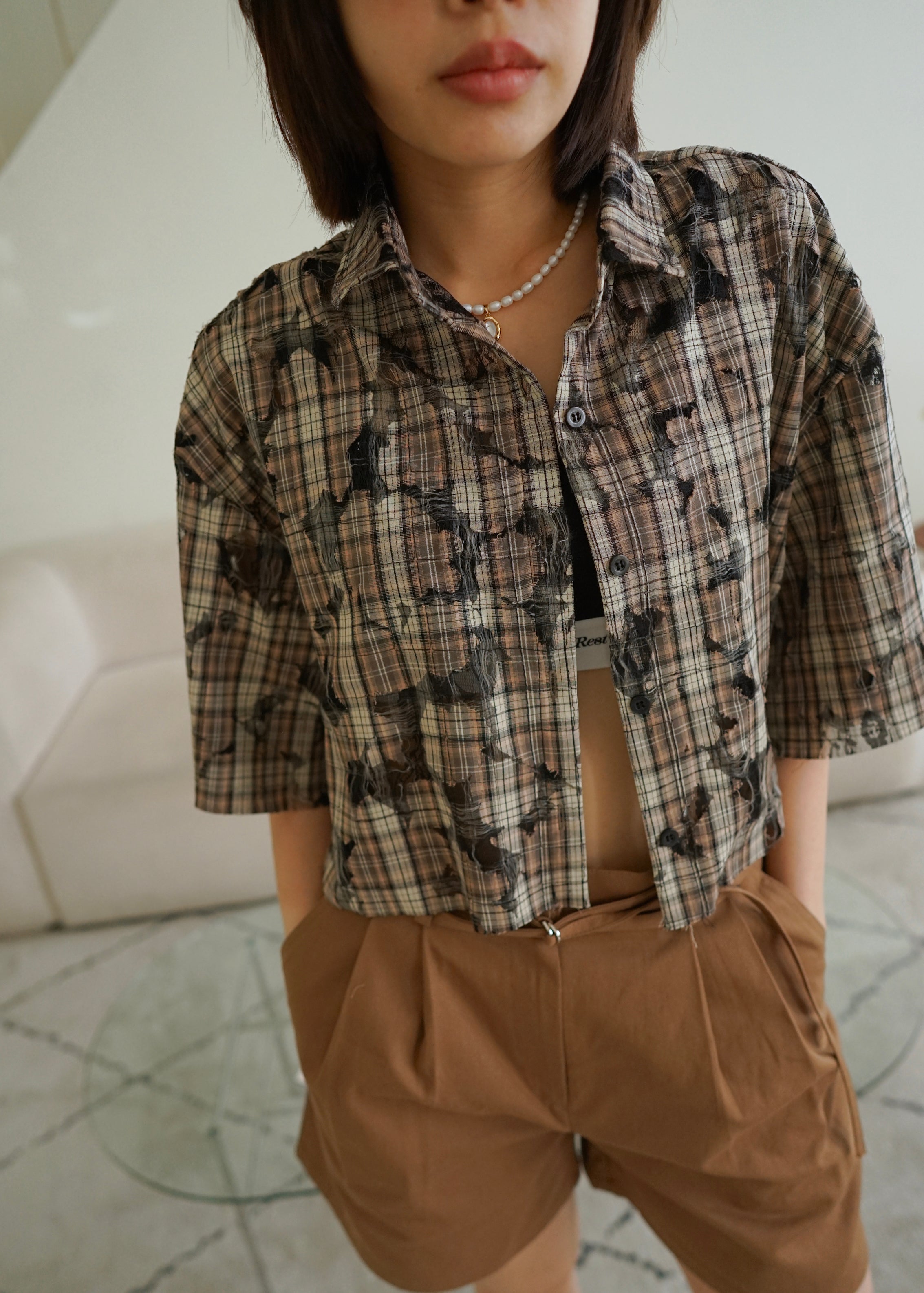 checked lace crop shirt
