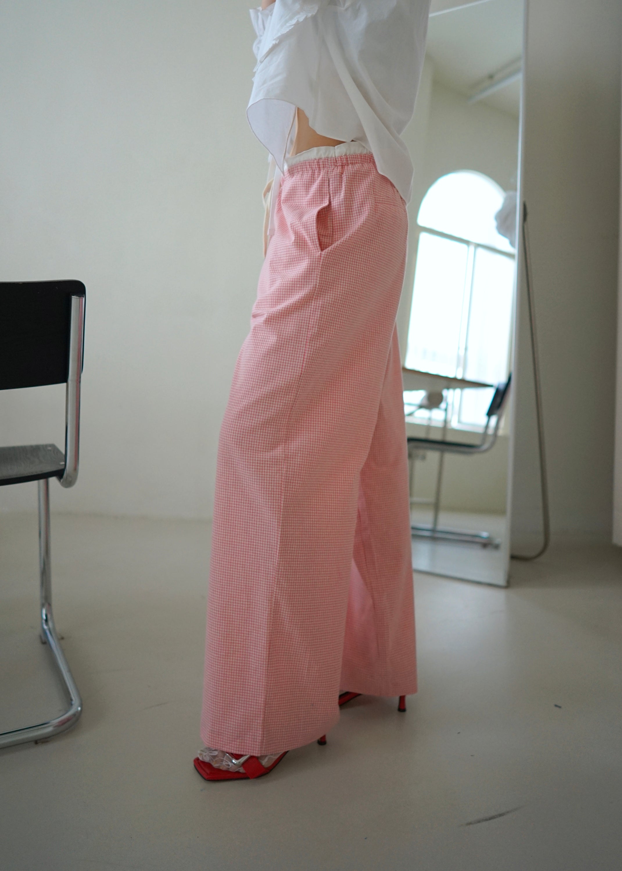gingham double waist drawstring trousers